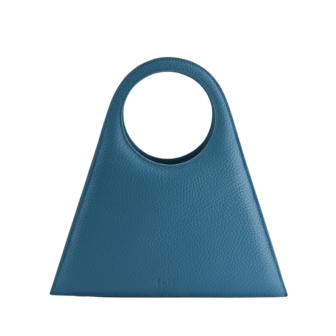 Tobkal Bag in Teal, trapeze recycled leather tote with round cut-out handle by ISLI Studio, front view