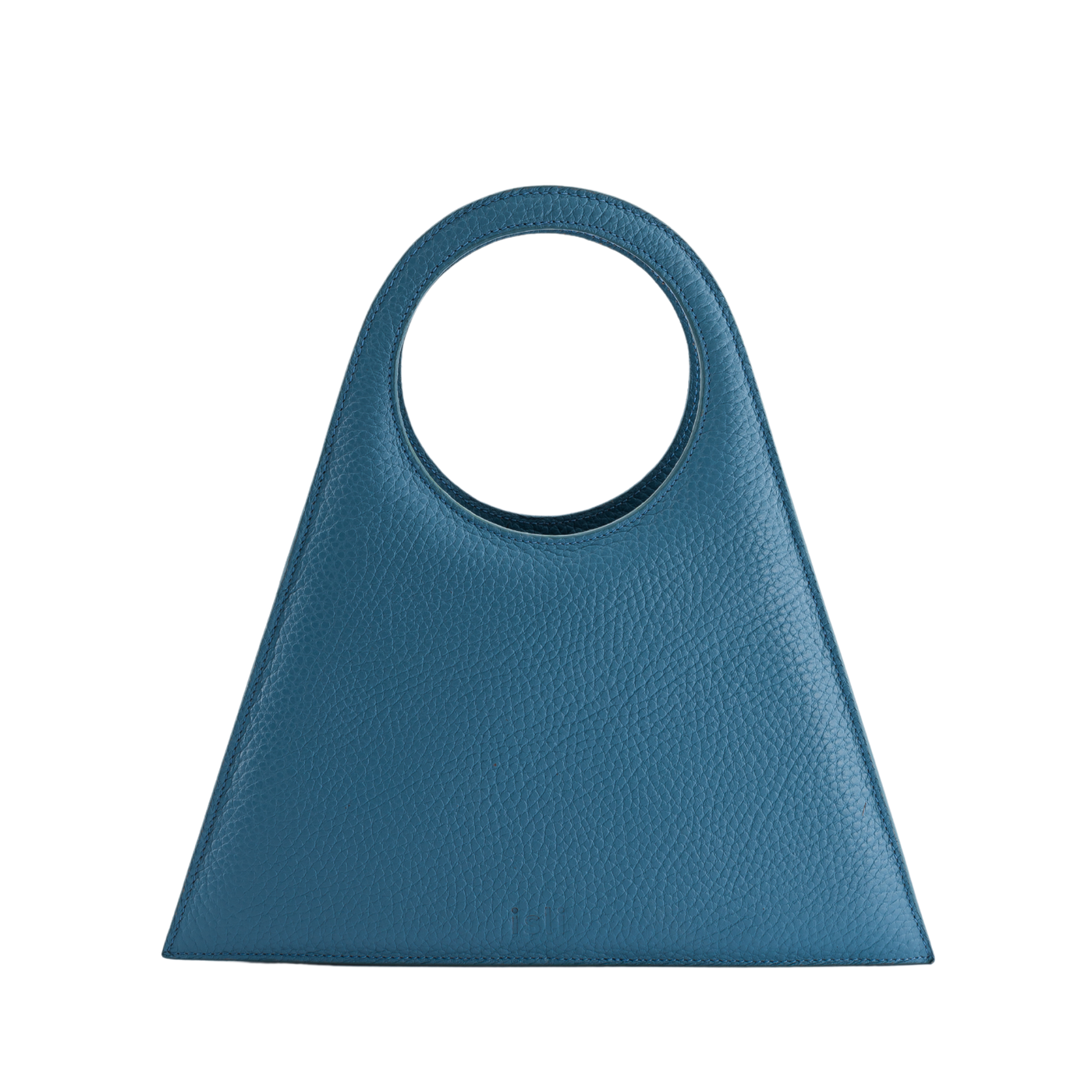 Tobkal Bag in Teal, trapeze recycled leather tote with round cut-out handle by ISLI Studio, front view