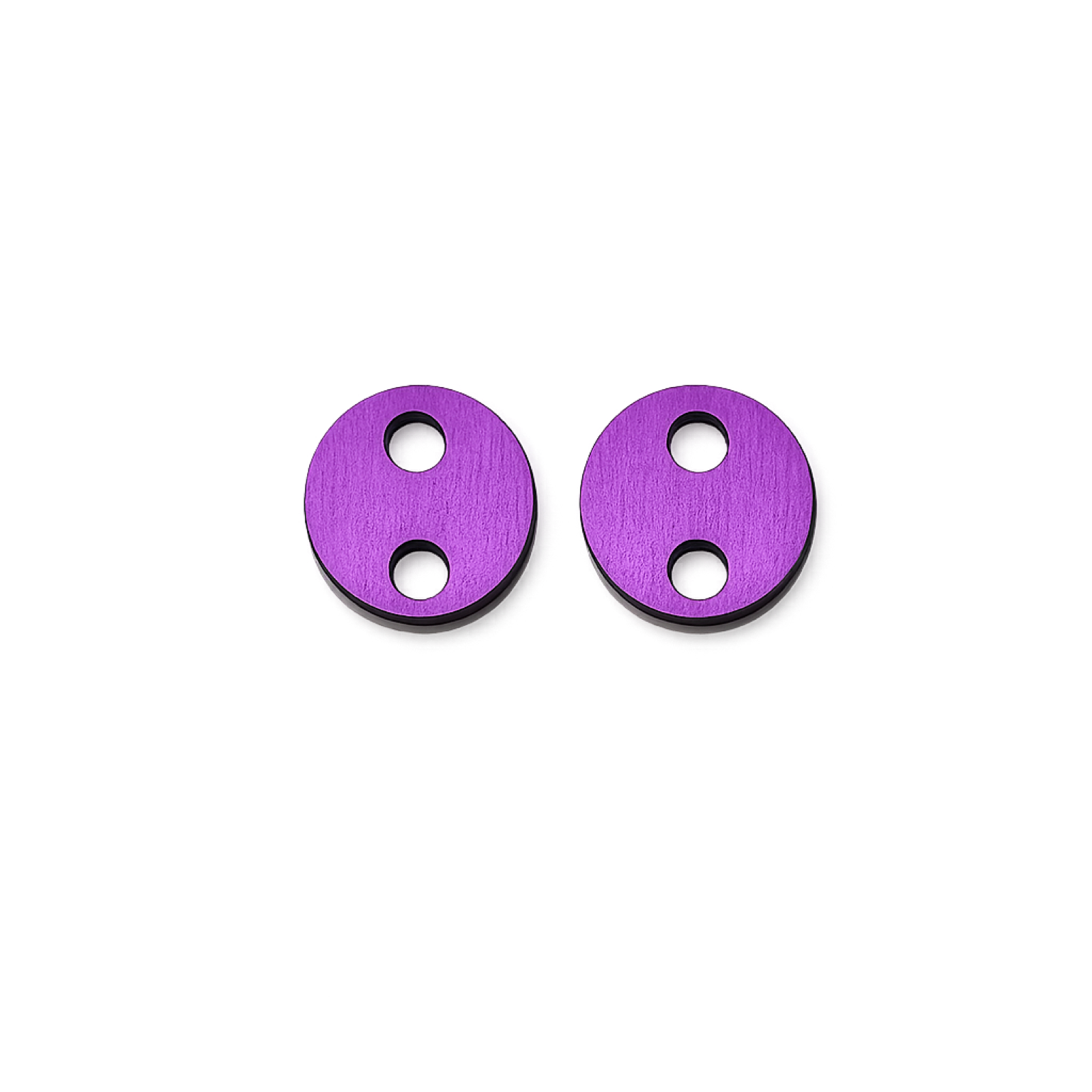 Paire de charms en bois laqué violet, forme de galet rond percé de deux trous en diagonale.