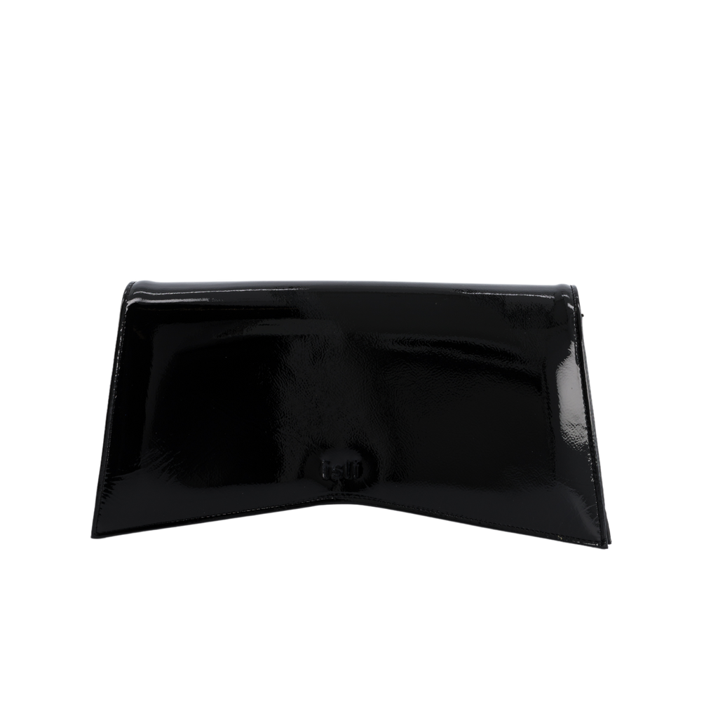 Jelija Bag in Black Patent, structured recycled leather clutch by ISLI Studio, front view