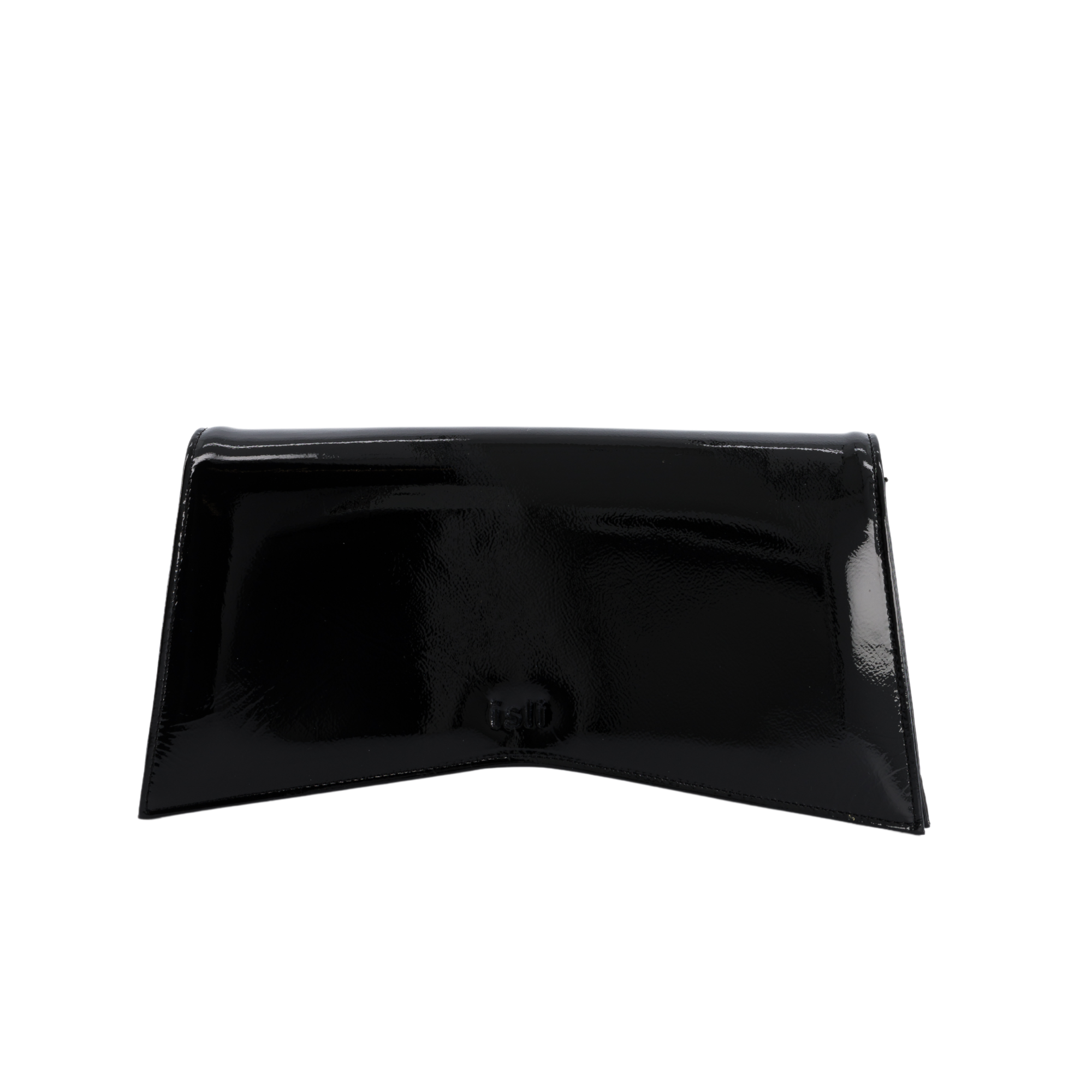 Jelija Bag in Black Patent, structured recycled leather clutch by ISLI Studio, front view