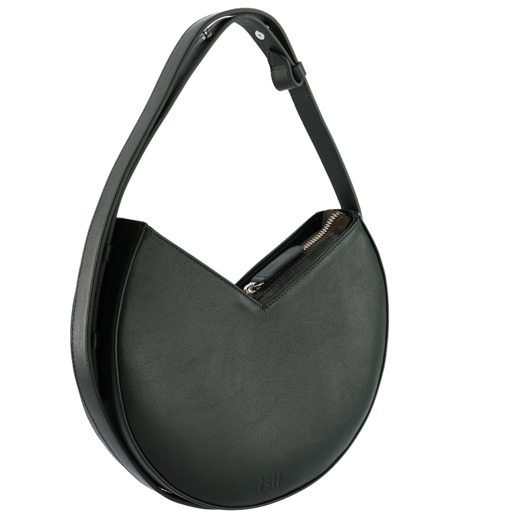 Nojum’lil Bag in Olive, rounded recycled leather shoulder bag by ISLI Studio, front view