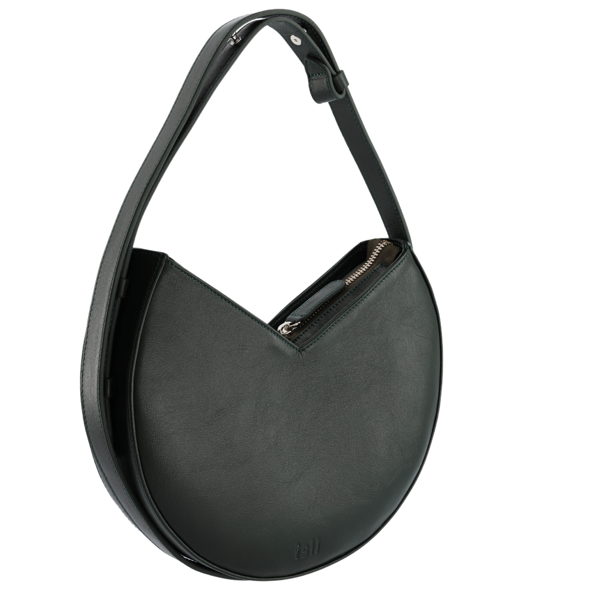 Nojum’lil Bag in Olive, rounded recycled leather shoulder bag by ISLI Studio, front view