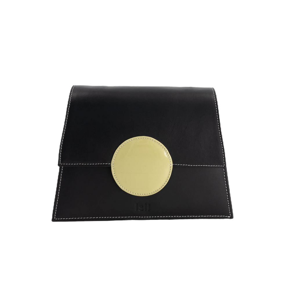 Moonlight black recycled leather shoulder bag by ISLI Studio with a radiant yellow accent, front view