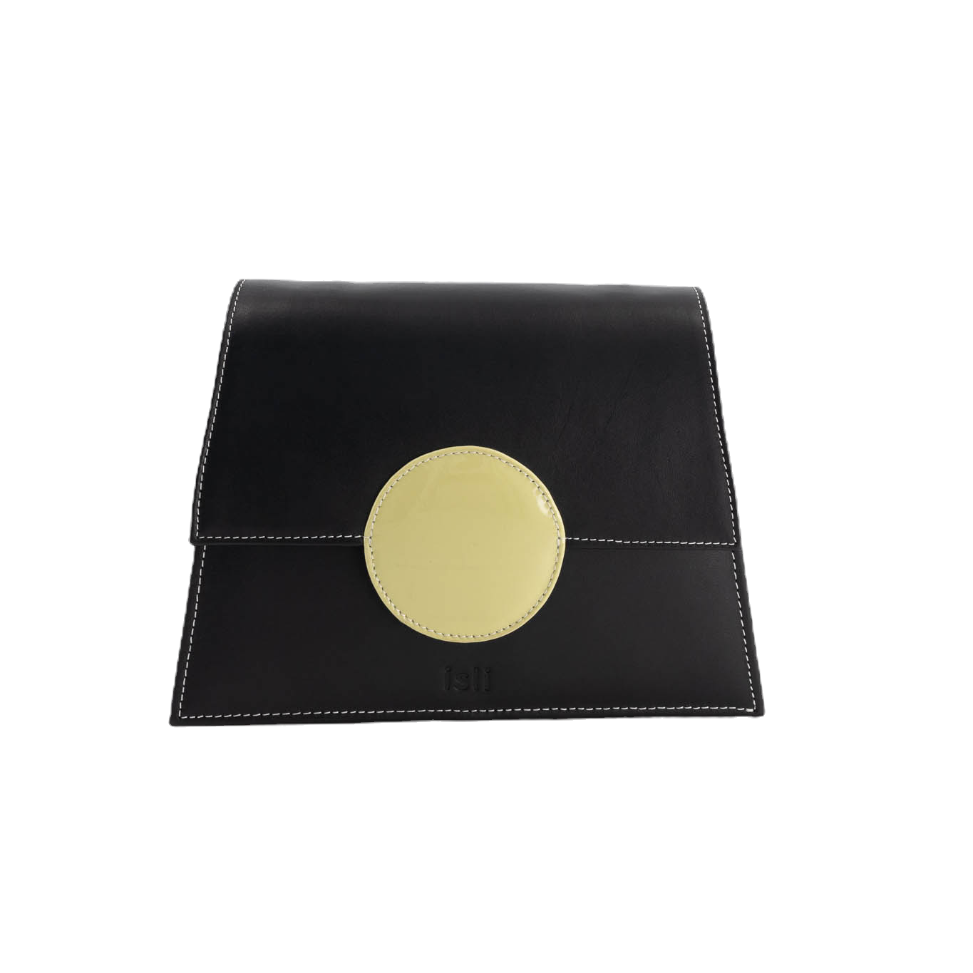 Moonlight black recycled leather shoulder bag by ISLI Studio with a radiant yellow accent, front view