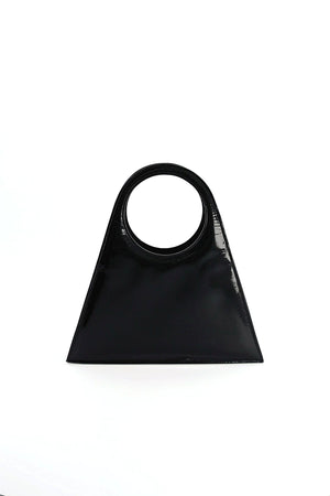 Tobkal Bag in Black Patent, leather tote with circular handle, ISLI Studio