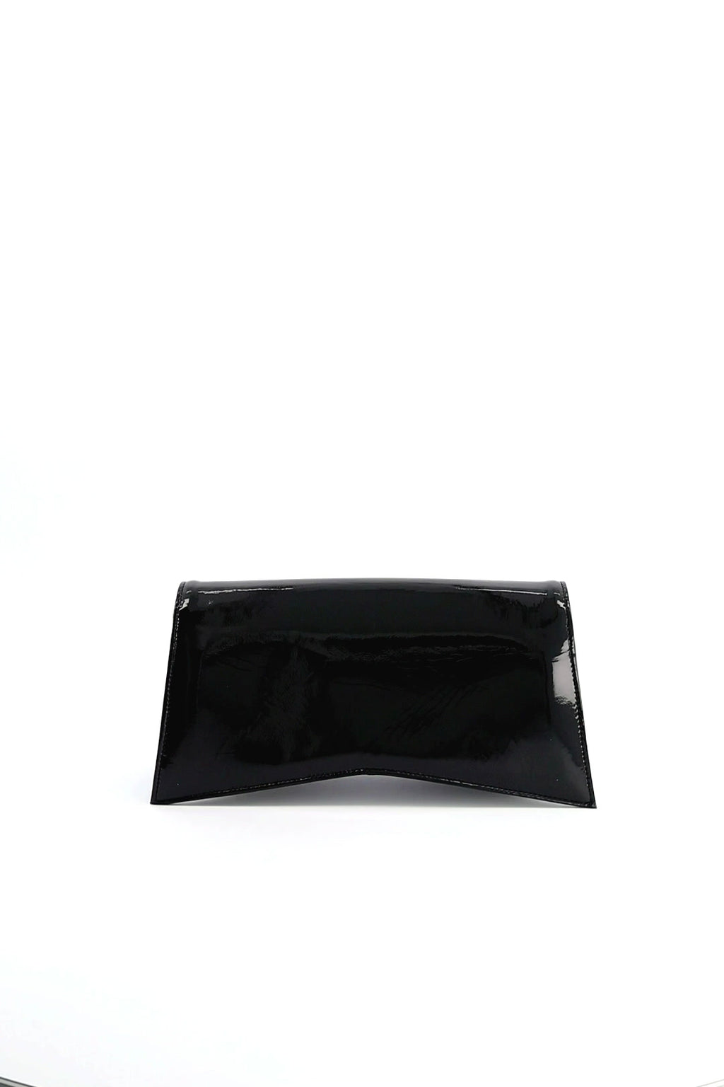 Jelija Bag in Black Patent, glossy recycled leather clutch with angular flap, ISLI Studio