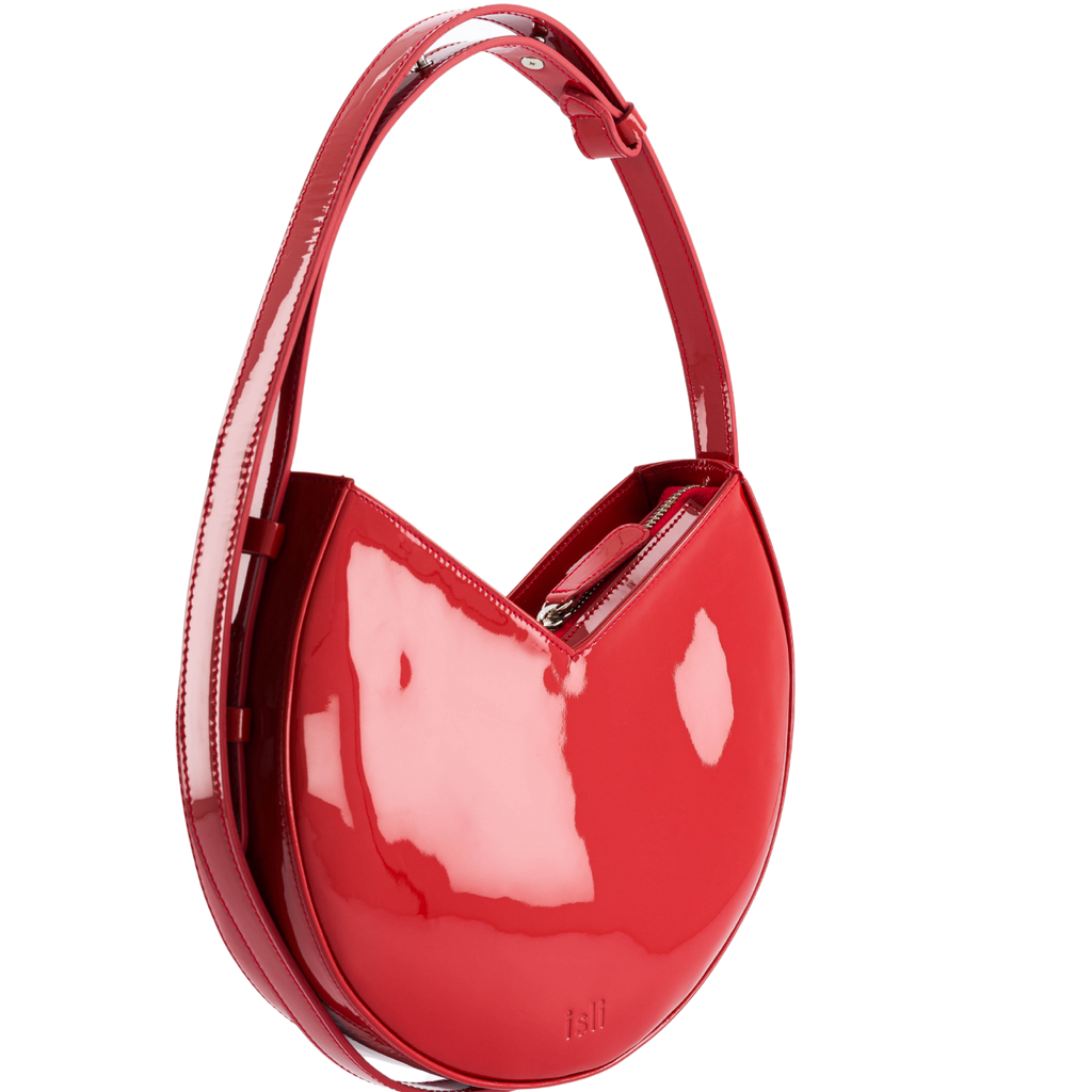 Nojum’lil Bag in Red Patent, rounded recycled leather shoulder bag by ISLI Studio, front view