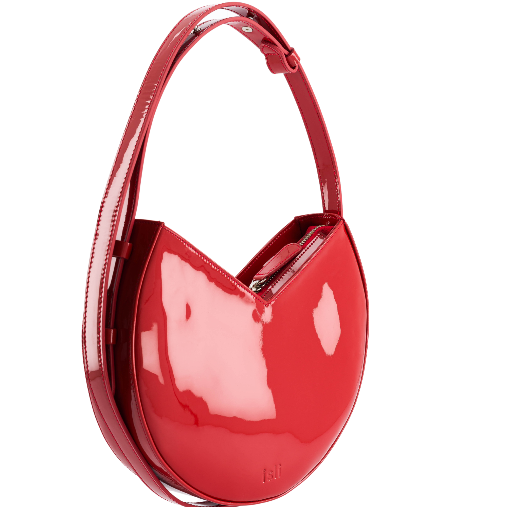 Nojum’lil Bag in Red Patent, rounded recycled leather shoulder bag by ISLI Studio, front view