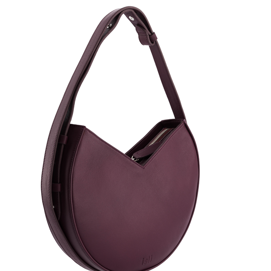 Nojum’lil Bag in Aubergine, rounded recycled leather shoulder bag by ISLI Studio, front view