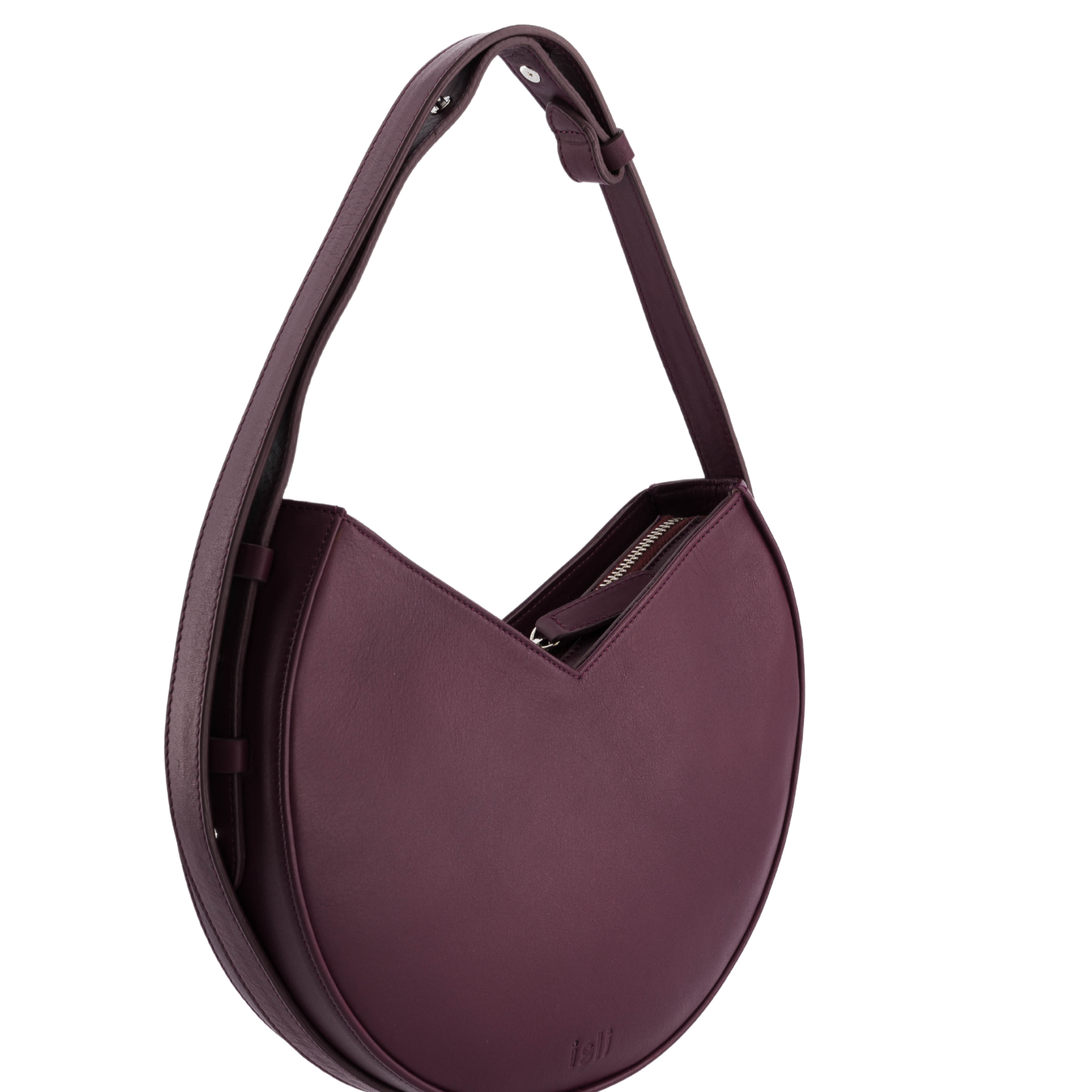 Nojum’lil Bag in Aubergine, rounded recycled leather shoulder bag by ISLI Studio, front view