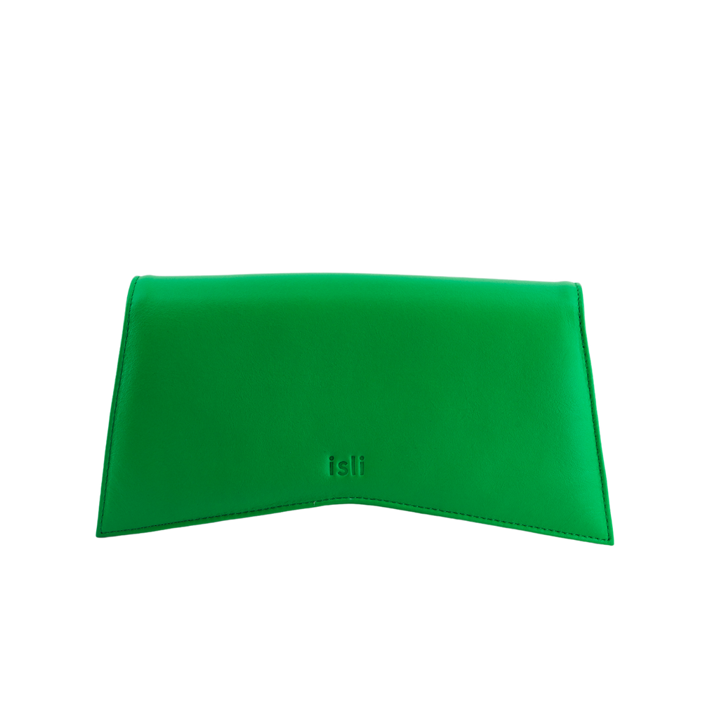 Jelija Bag in Green, structured recycled leather clutch by ISLI Studio, front view
