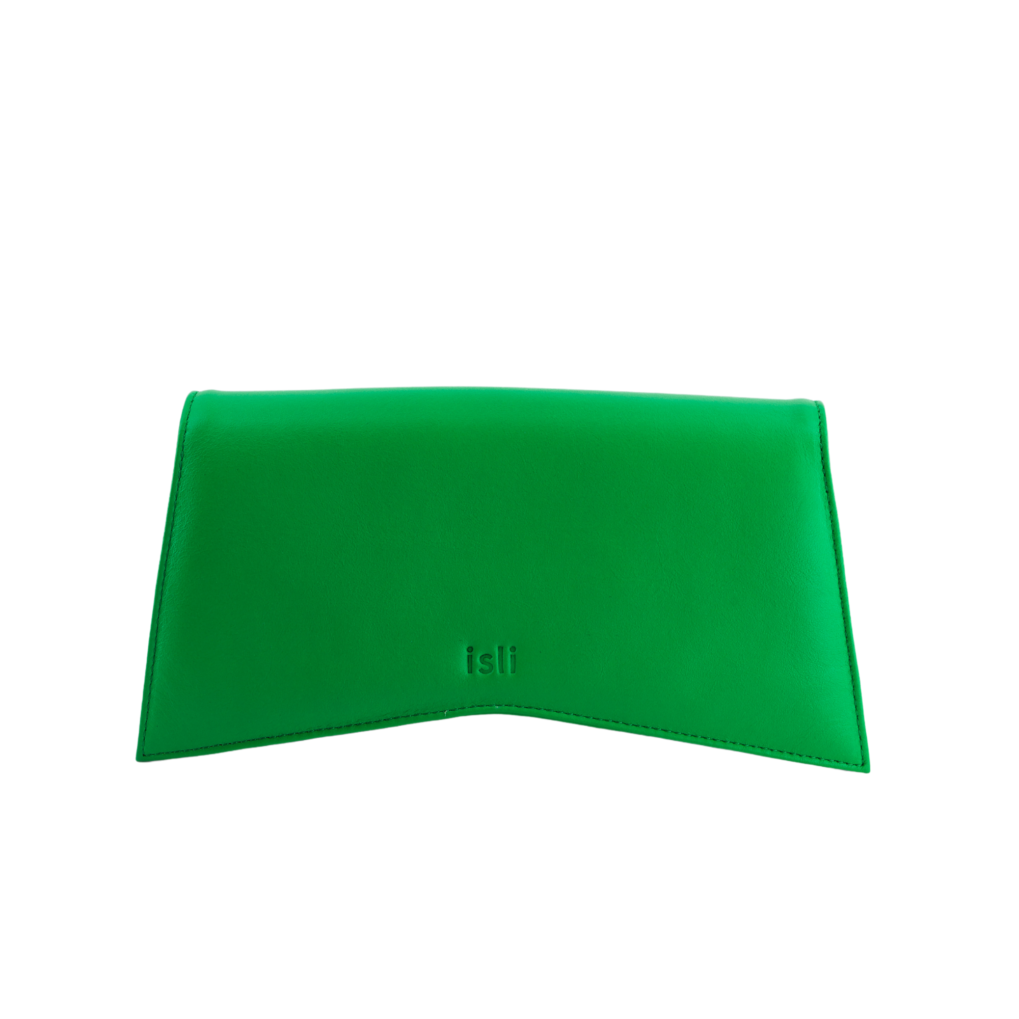 Jelija Bag in Green, structured recycled leather clutch by ISLI Studio, front view