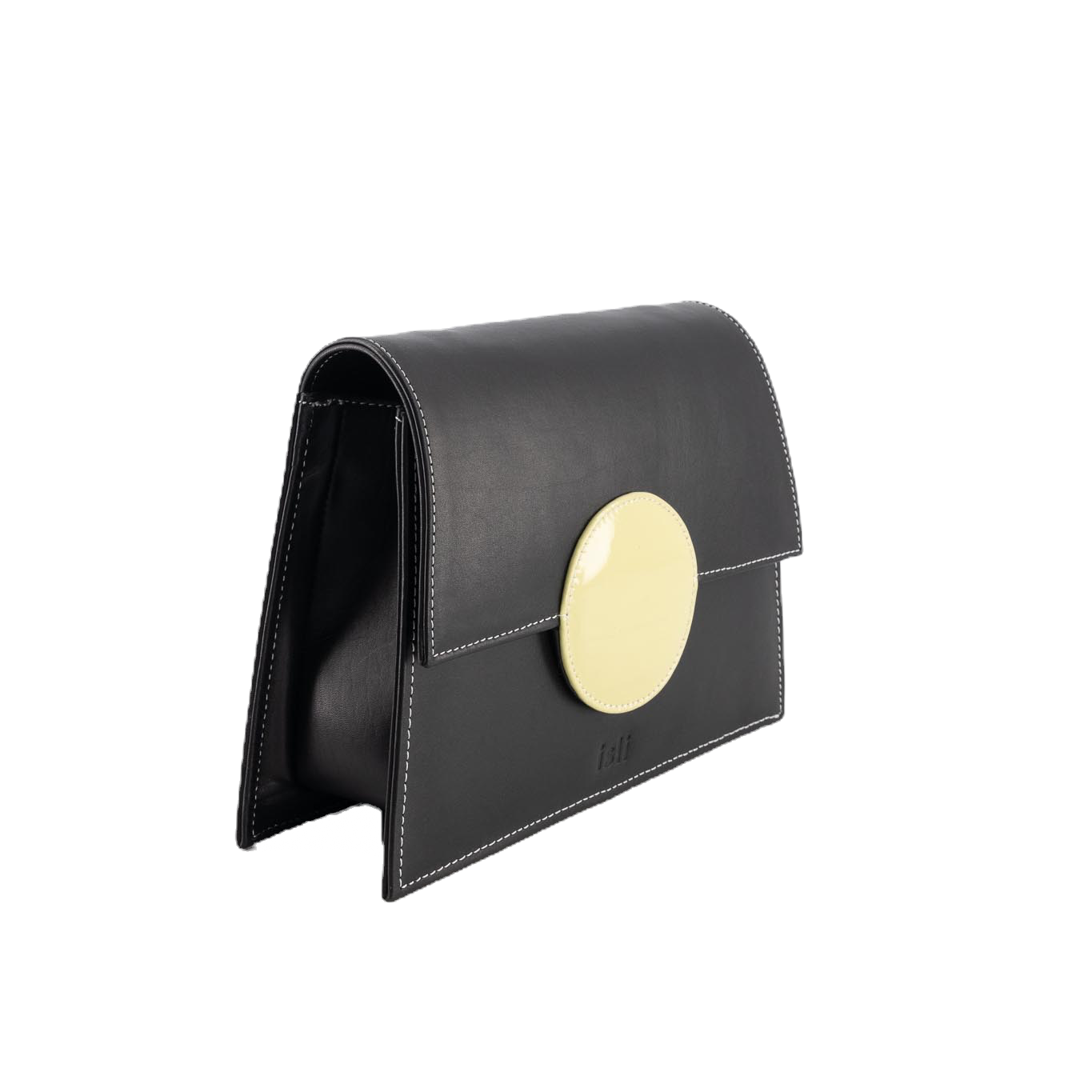 Moonlight handmade leather bag by ISLI Studio, angled view showing black and yellow contrast