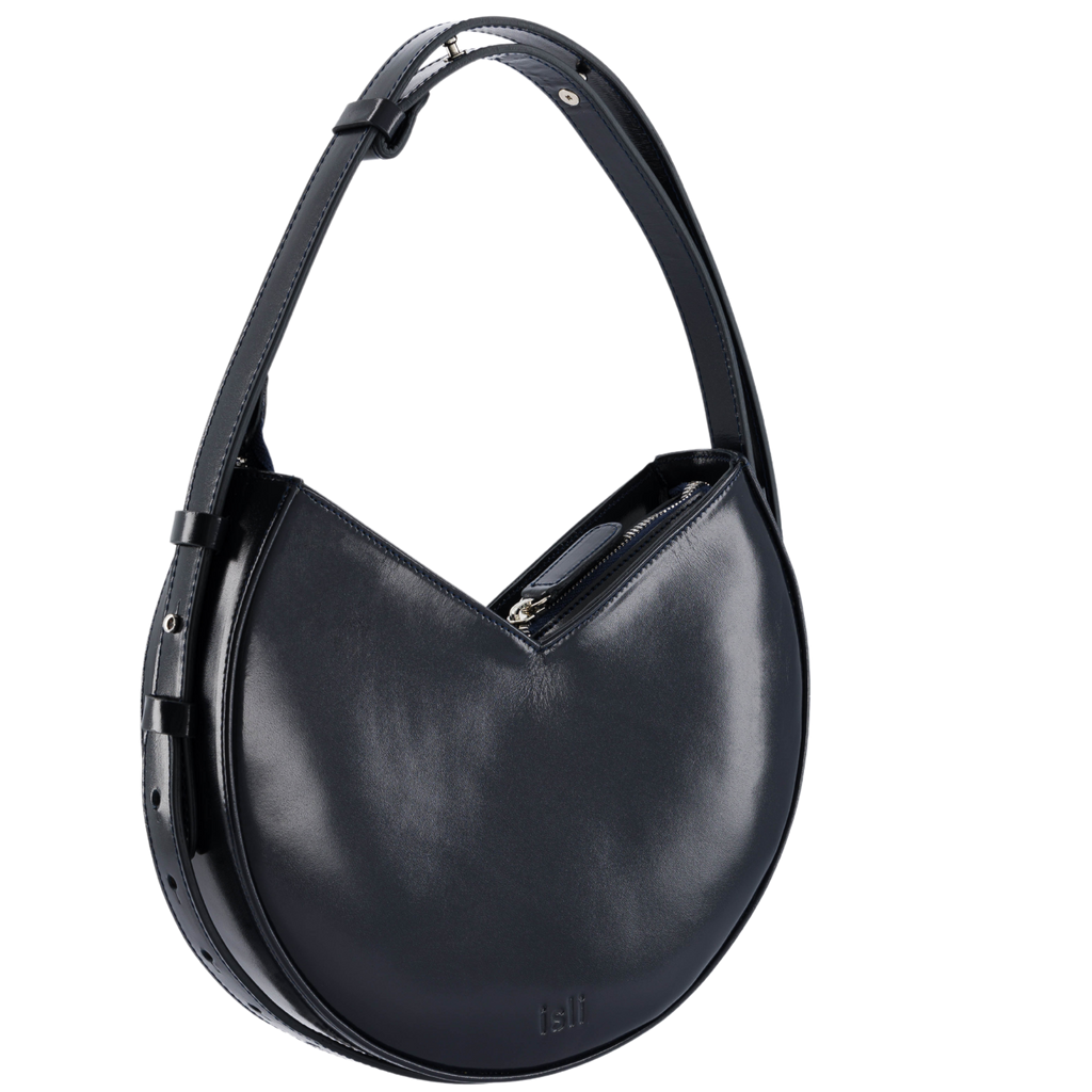 Nojum’lil Bag in Black, rounded recycled leather shoulder bag by ISLI Studio, front view