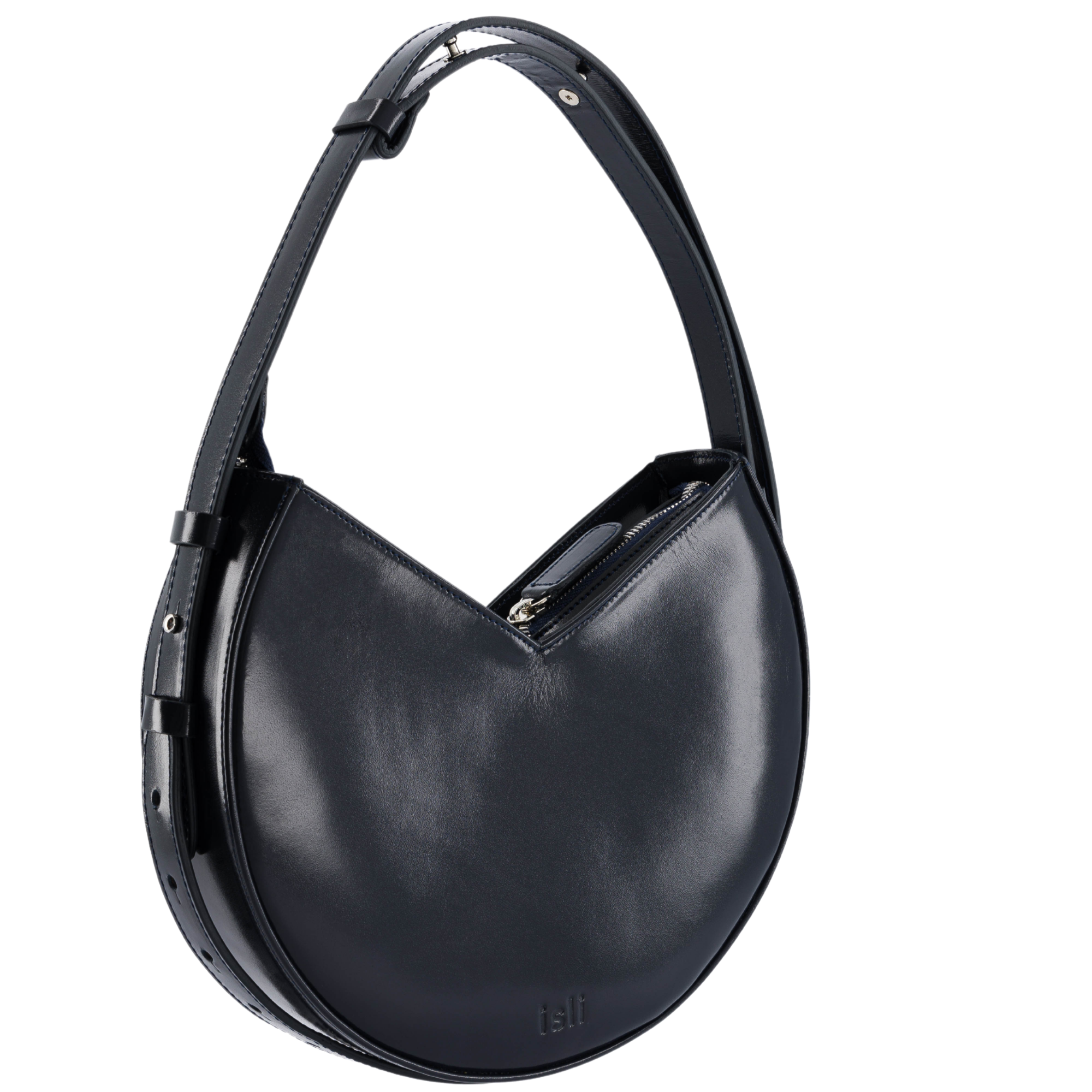 Nojum’lil Bag in Black, rounded recycled leather shoulder bag by ISLI Studio, front view