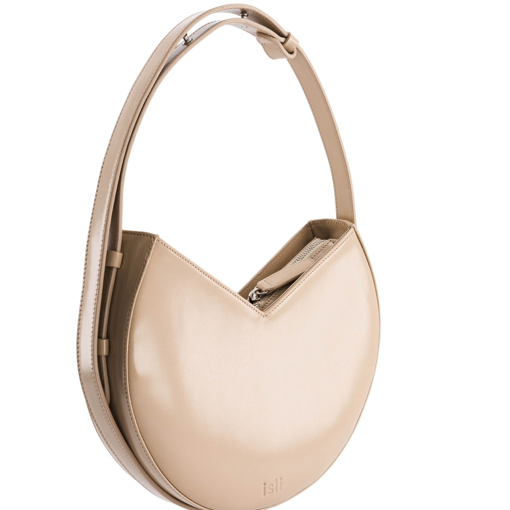 Nojum’lil Bag in Beige, rounded recycled leather shoulder bag by ISLI Studio, front view