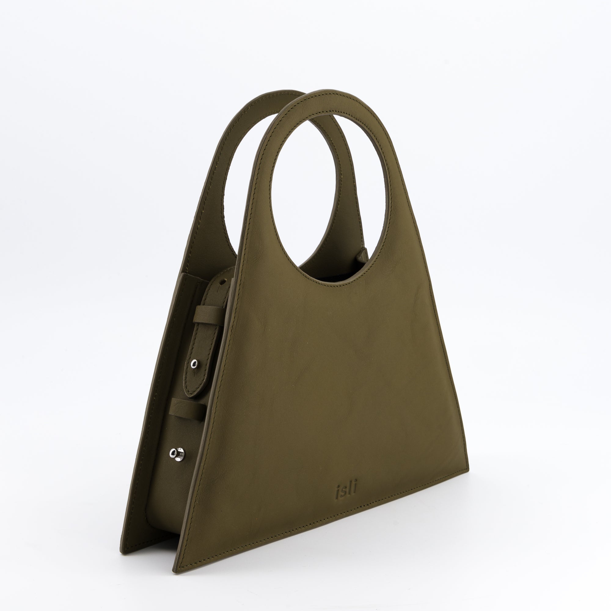 Tobkal Bag in Olive, angled view showing the side gusset and stud fastenings, ISLI Studio