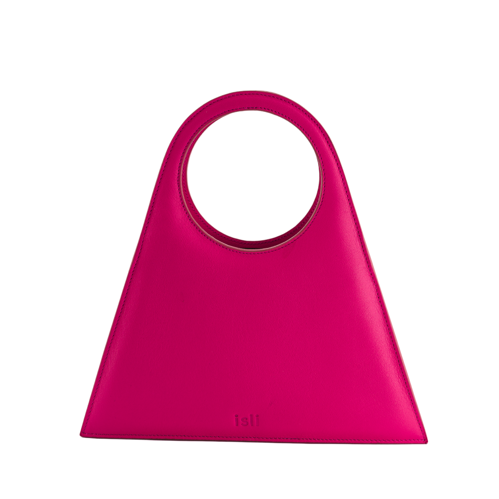 Tobkal Bag in Hot Pink, trapeze recycled leather tote with round cut-out handle by ISLI Studio, front view