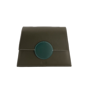 Sundown Sage khaki and fir green recycled leather shoulder bag by ISLI Studio, handmade in Morocco