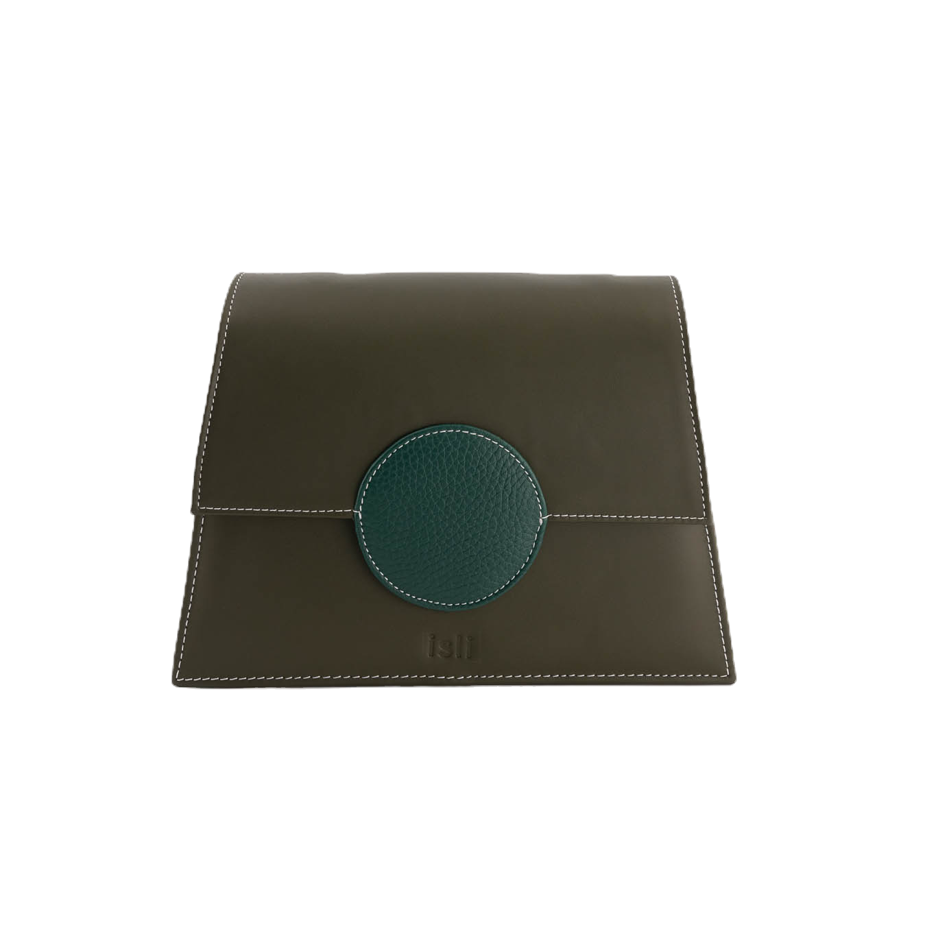 Sundown Sage khaki and fir green recycled leather shoulder bag by ISLI Studio, handmade in Morocco