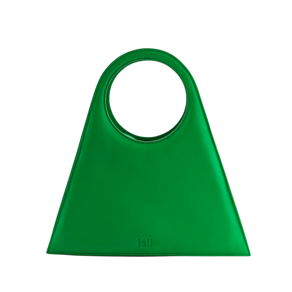 Tobkal Bag in Green, trapeze recycled leather tote with round cut-out handle by ISLI Studio, front view