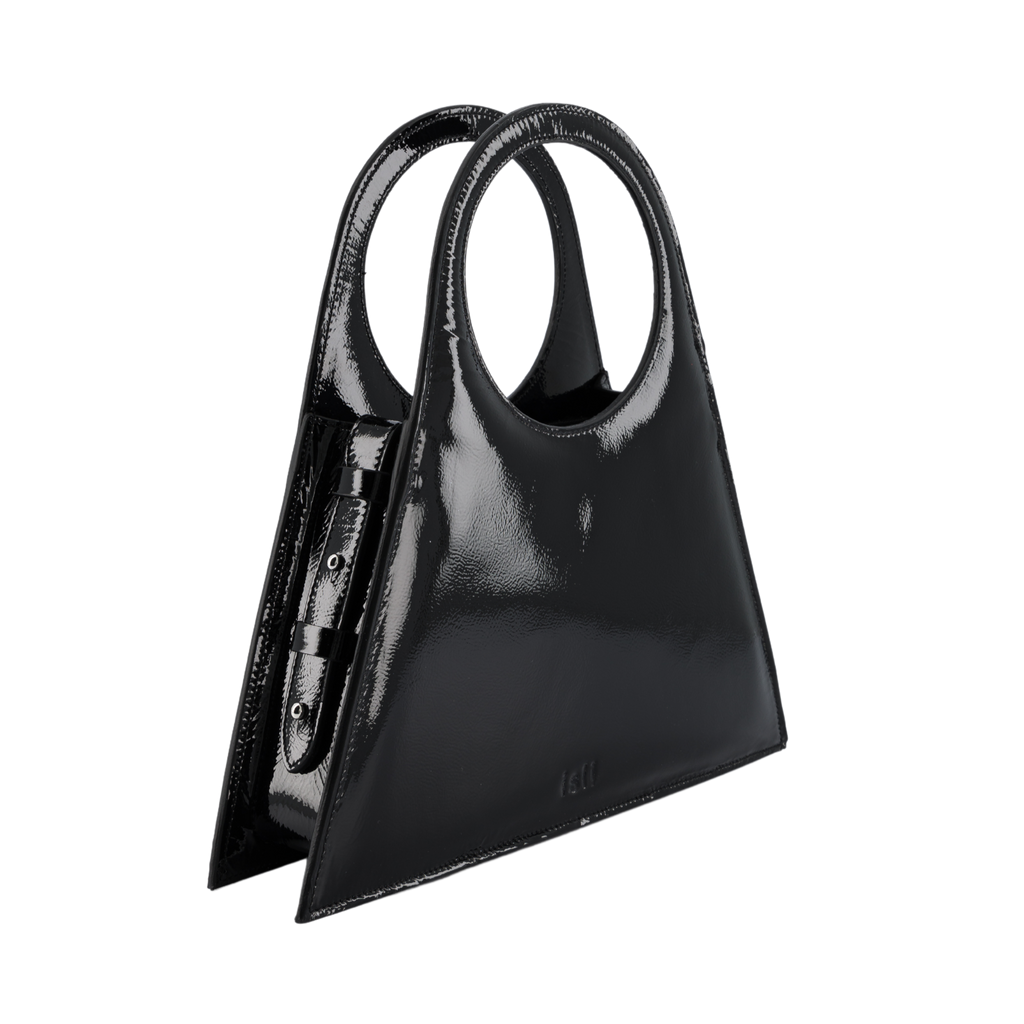 Tobkal Bag in Black Patent, angled view showing the side gusset and stud fastenings, ISLI Studio
