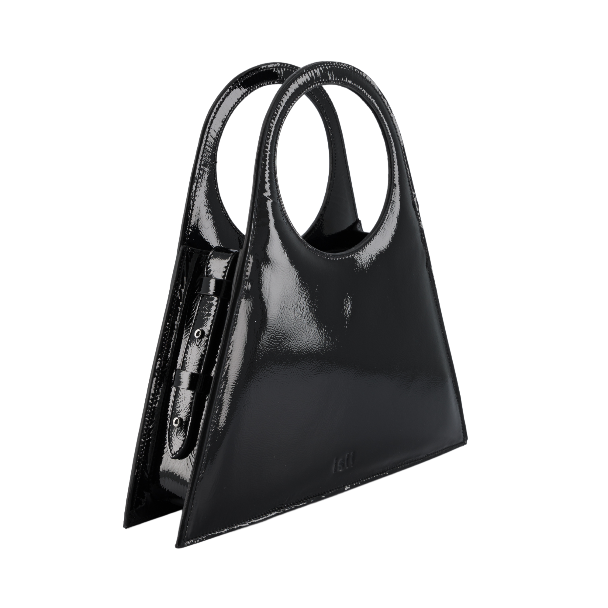 Tobkal Bag in Black Patent, angled view showing the side gusset and stud fastenings, ISLI Studio