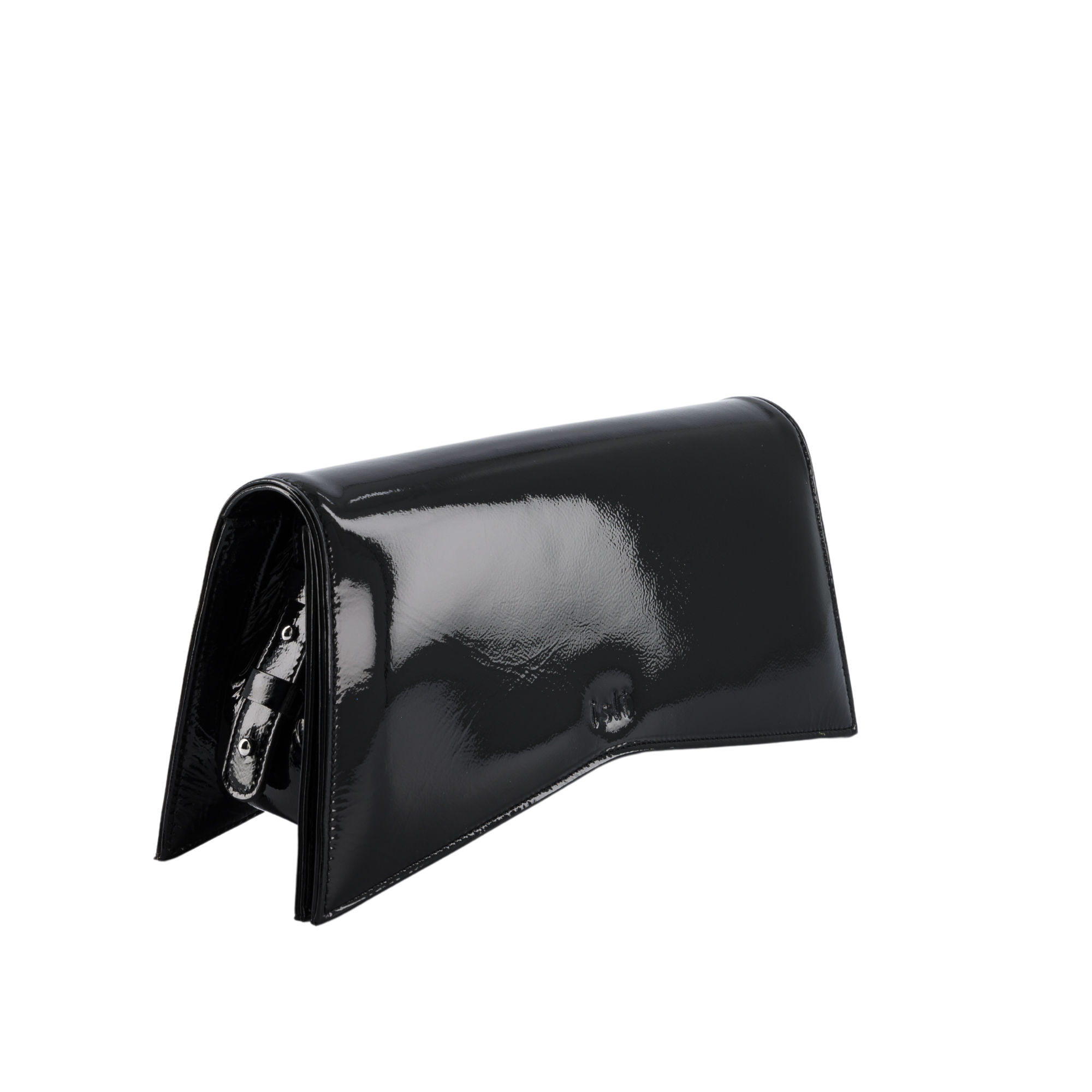Jelija Bag in Black Patent, angled view showing the adjustable strap and metal clasp, ISLI Studio