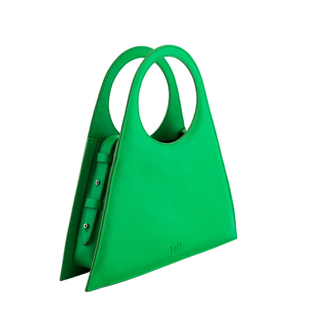 Tobkal Bag in Green, angled view showing the side gusset and stud fastenings, ISLI Studio