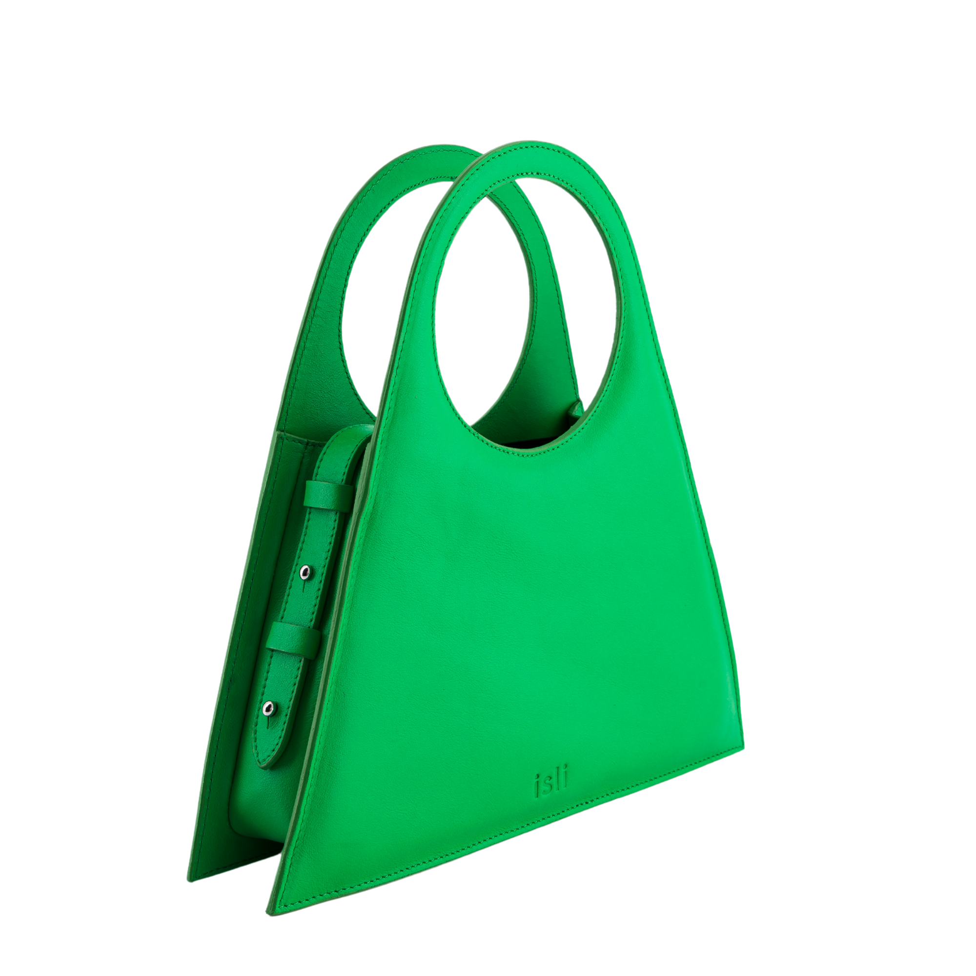 Tobkal Bag in Green, angled view showing the side gusset and stud fastenings, ISLI Studio