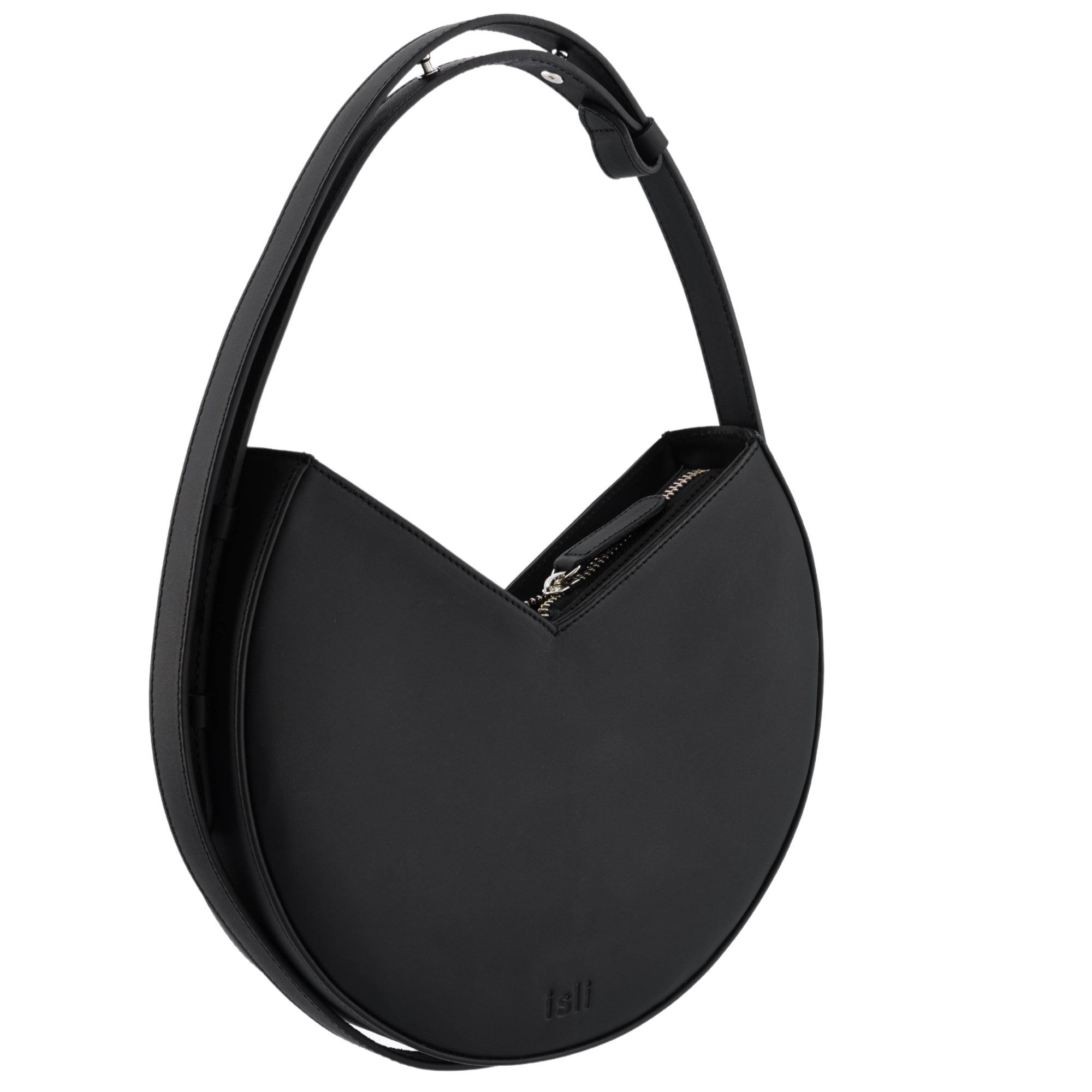 Nojum’lil Bag in Matte Black, rounded recycled leather shoulder bag by ISLI Studio, front view