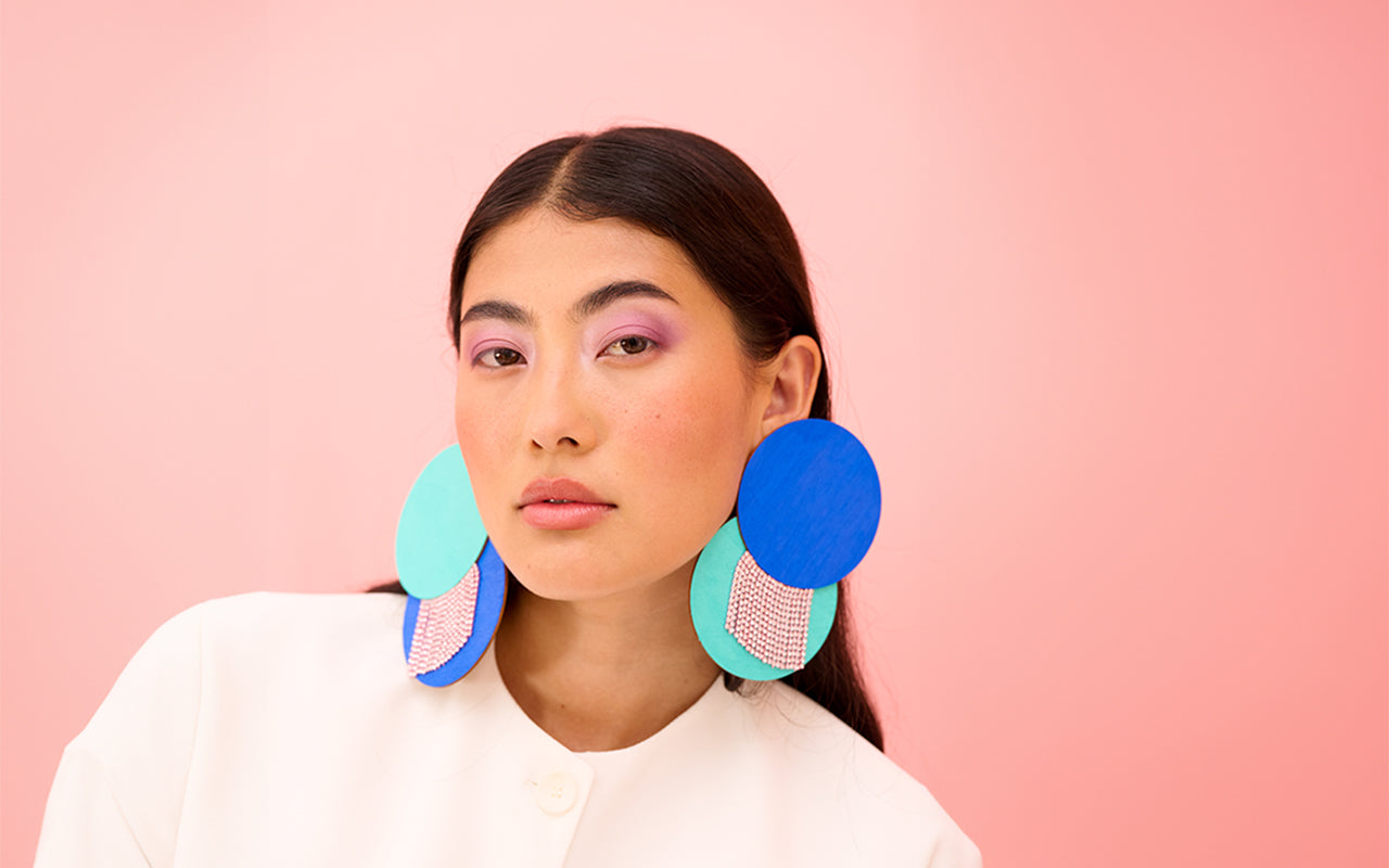 Raqsa long navy and sky blue wood earrings with pink rhinestones by ISLI Studio