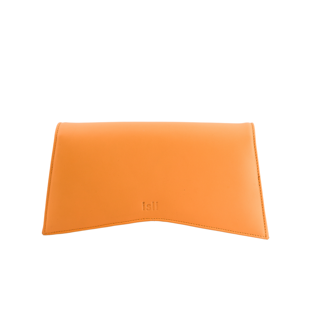 Jelija Bag in Golden Orange, structured recycled leather clutch by ISLI Studio, front view