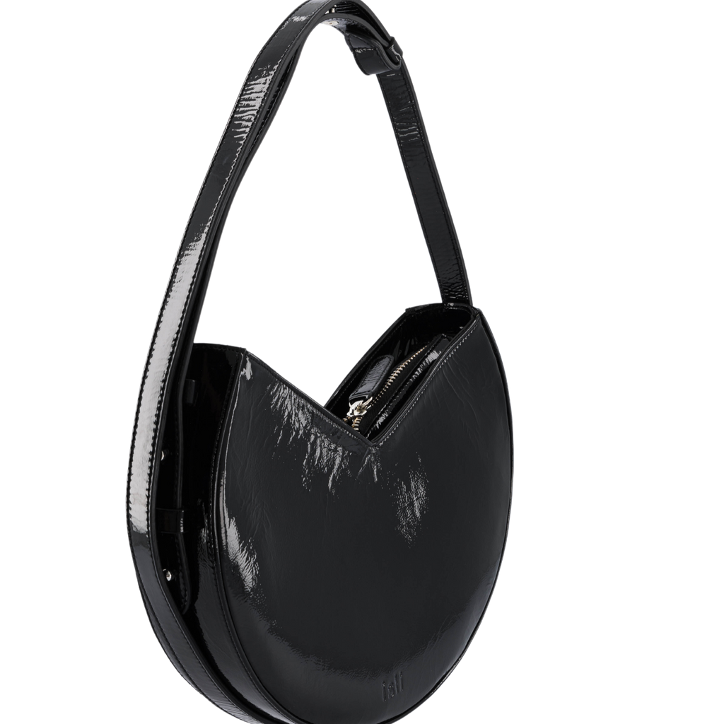 Nojum’lil Bag in Black Patent, rounded recycled leather shoulder bag by ISLI Studio, front view