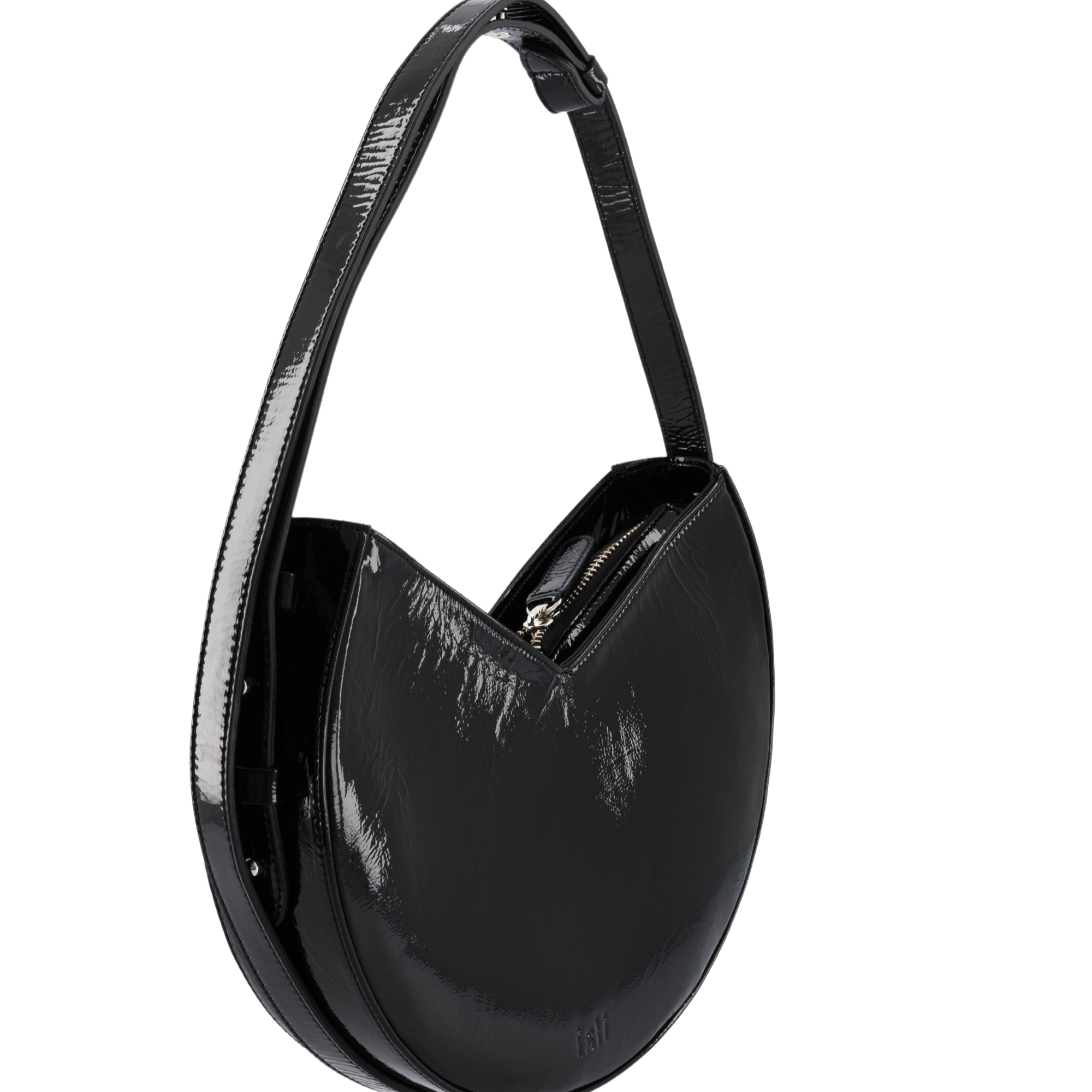 Nojum’lil Bag in Black Patent, rounded recycled leather shoulder bag by ISLI Studio, front view