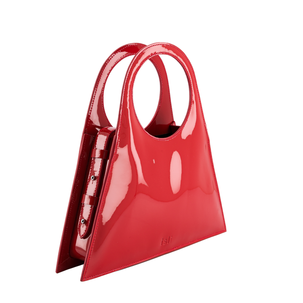 Tobkal Bag in Red Patent, leather tote with circular handle, ISLI Studio