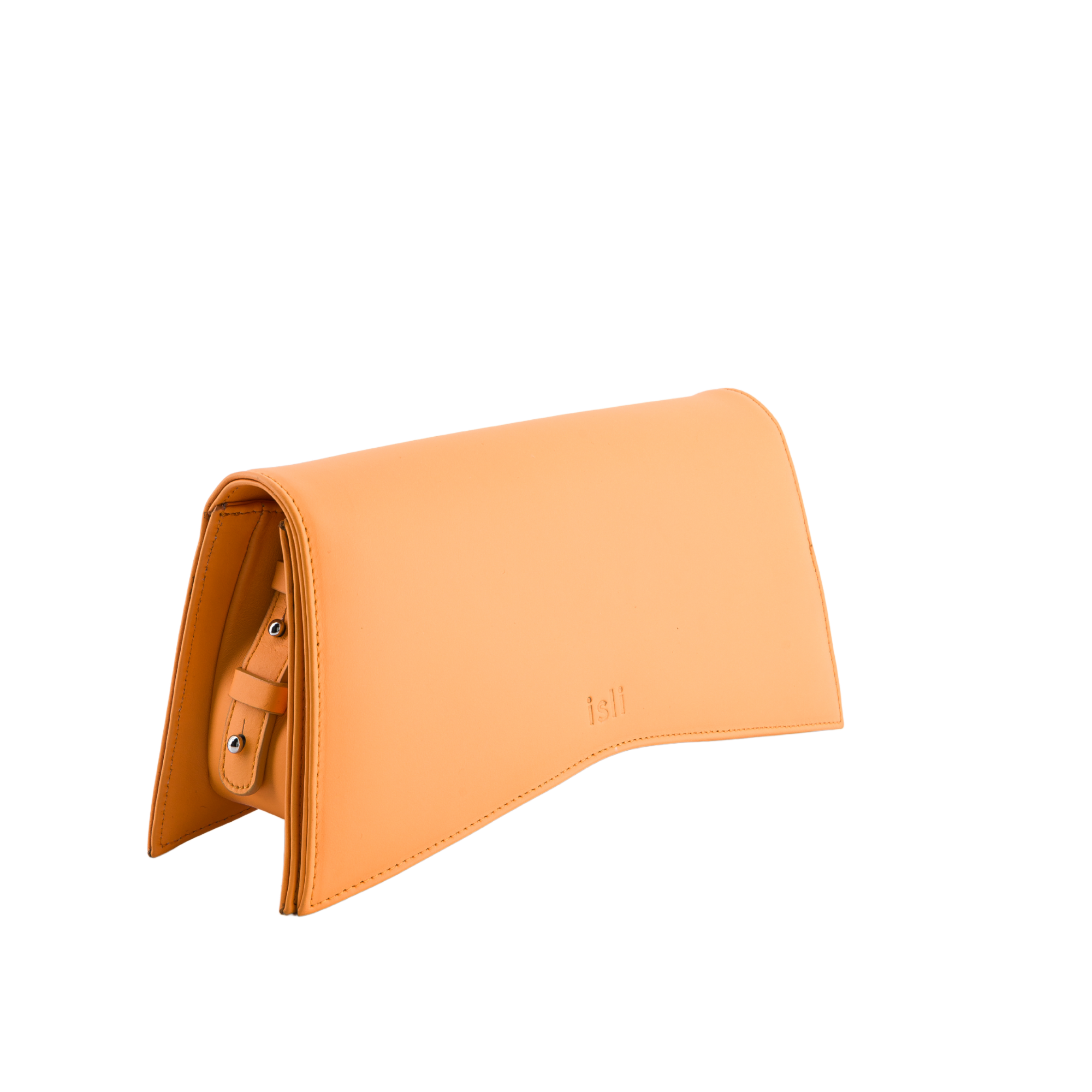 Jelija Bag in Golden Orange, angled view showing the adjustable strap and metal clasp, ISLI Studio
