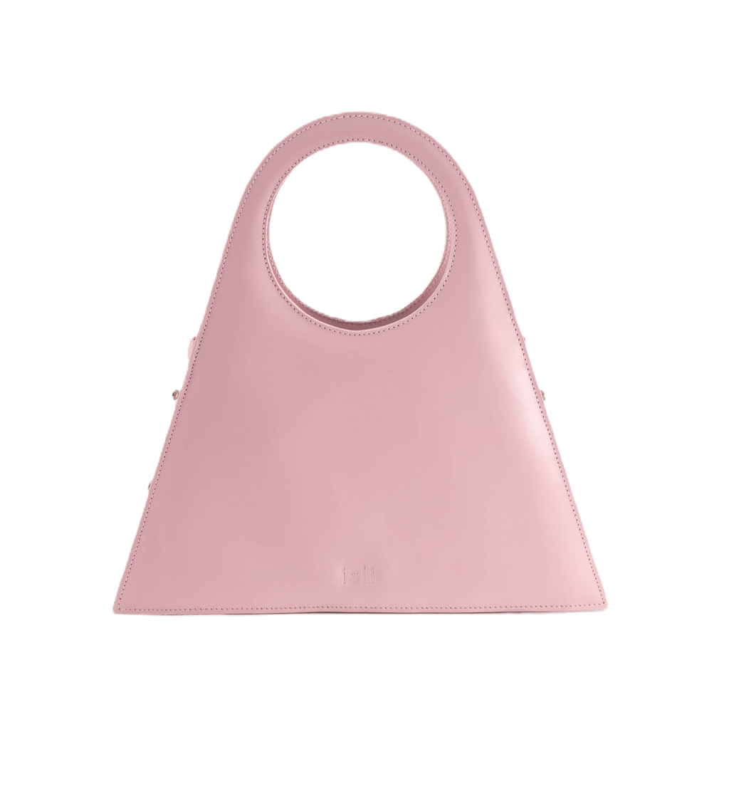 Tobkal Bag in Blush Pink, trapeze recycled leather tote with round cut-out handle by ISLI Studio, front view