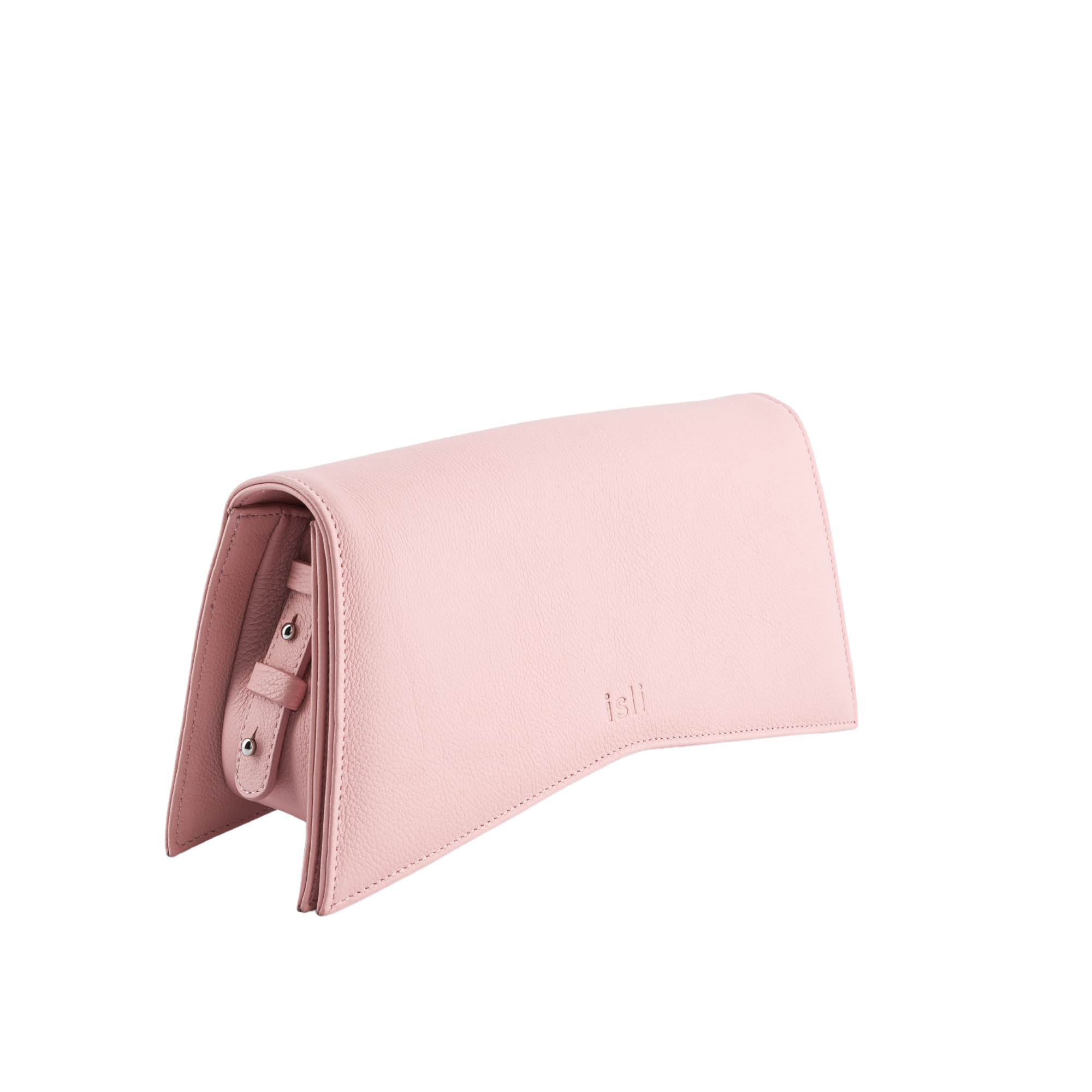 Jelija Bag in Pastel Pink, angled view showing the adjustable strap and metal clasp, ISLI Studio