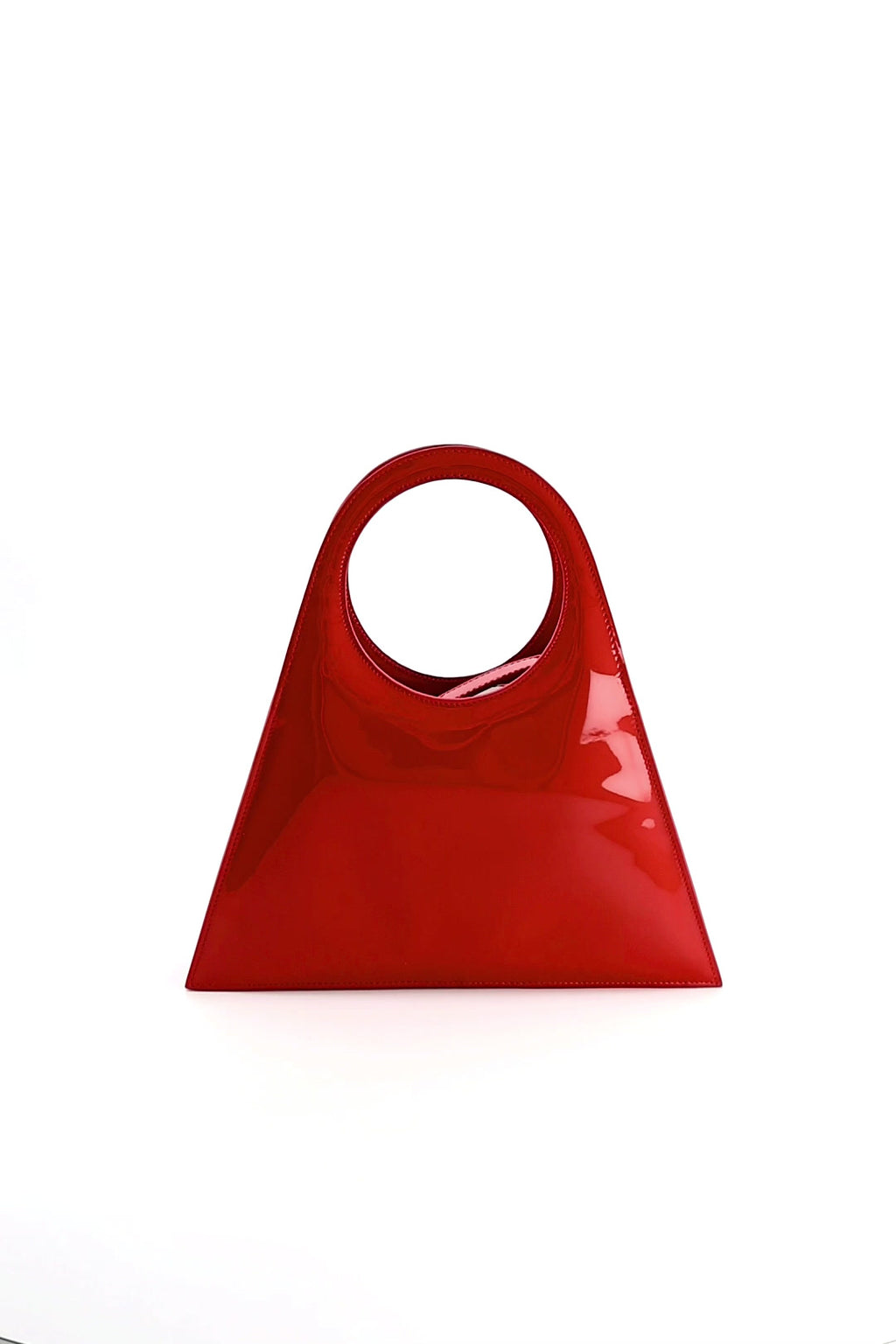 Tobkal Bag in Red Patent, trapeze recycled leather tote with round cut-out handle by ISLI Studio, front view
