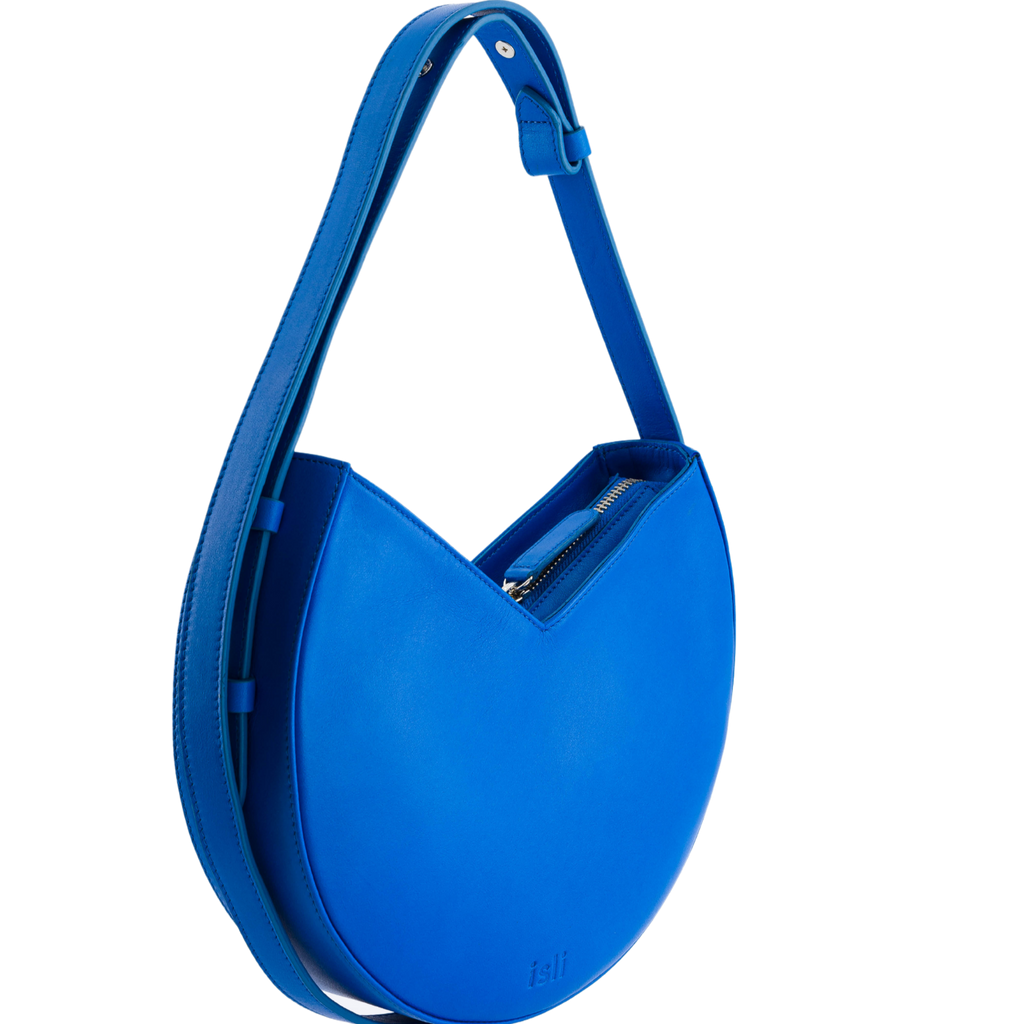 Nojum’lil Bag in Cobalt Blue, rounded recycled leather shoulder bag by ISLI Studio, front view