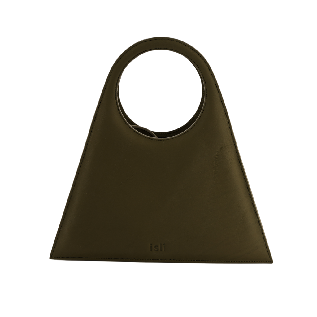 Tobkal Bag in Olive, trapeze recycled leather tote with round cut-out handle by ISLI Studio, front view