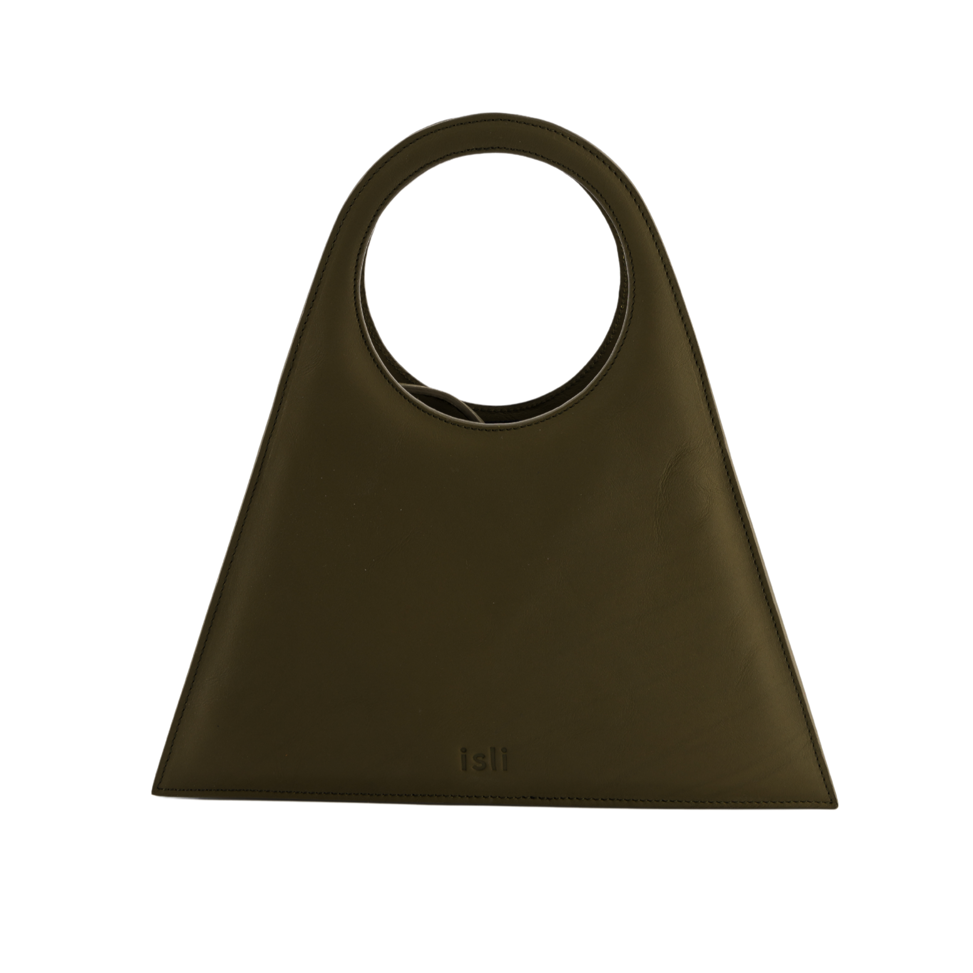 Tobkal Bag in Olive, trapeze recycled leather tote with round cut-out handle by ISLI Studio, front view