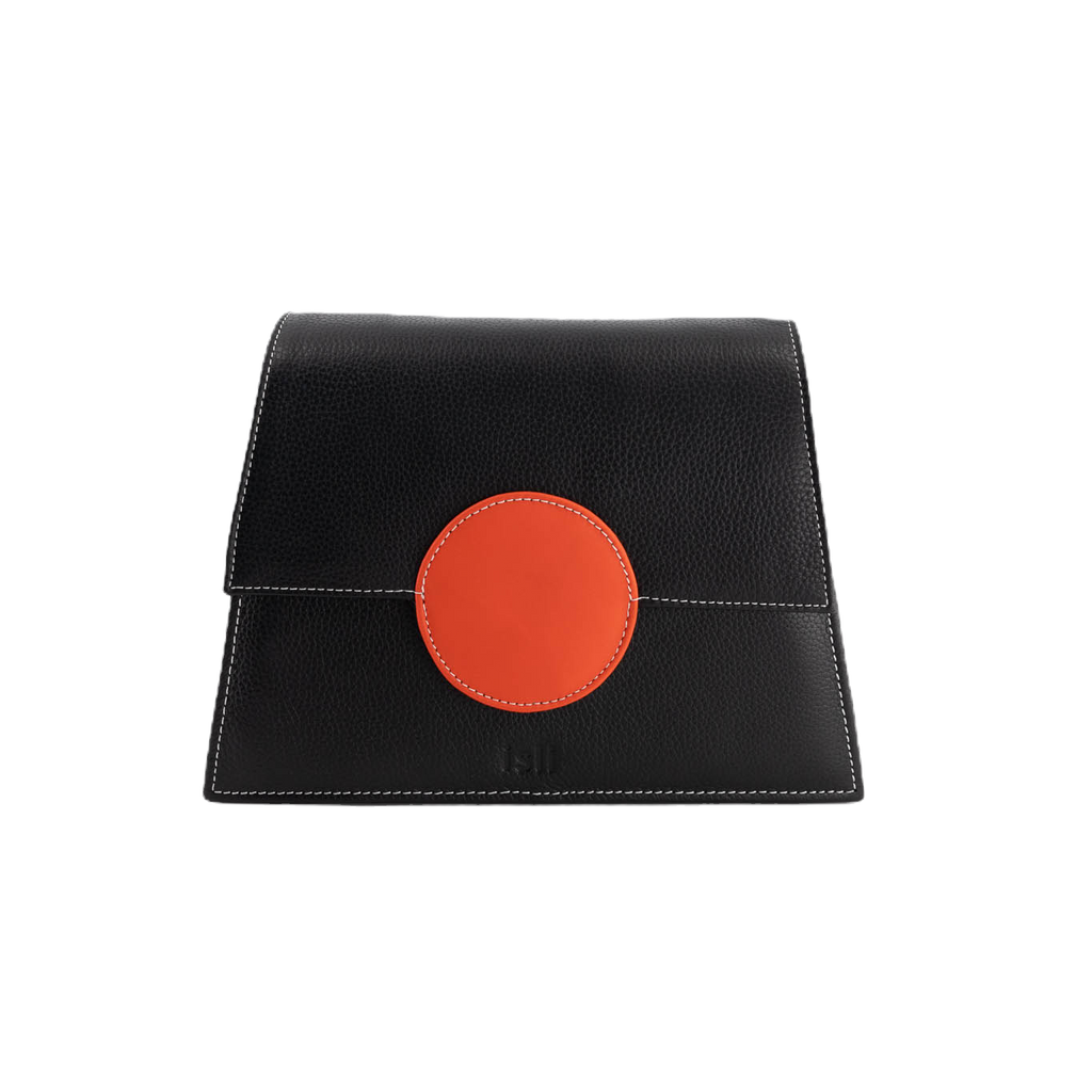 Golden Sunset black recycled leather shoulder bag with orange accent by ISLI Studio