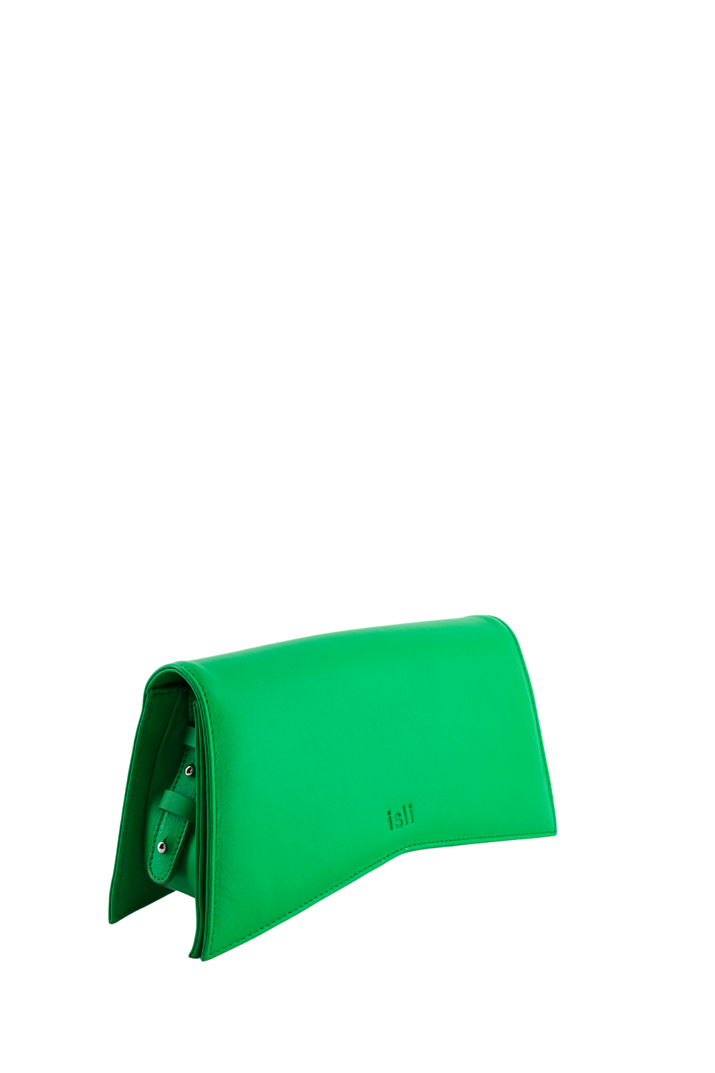Jelija Bag, glossy recycled leather clutch with angular flap, ISLI Studio