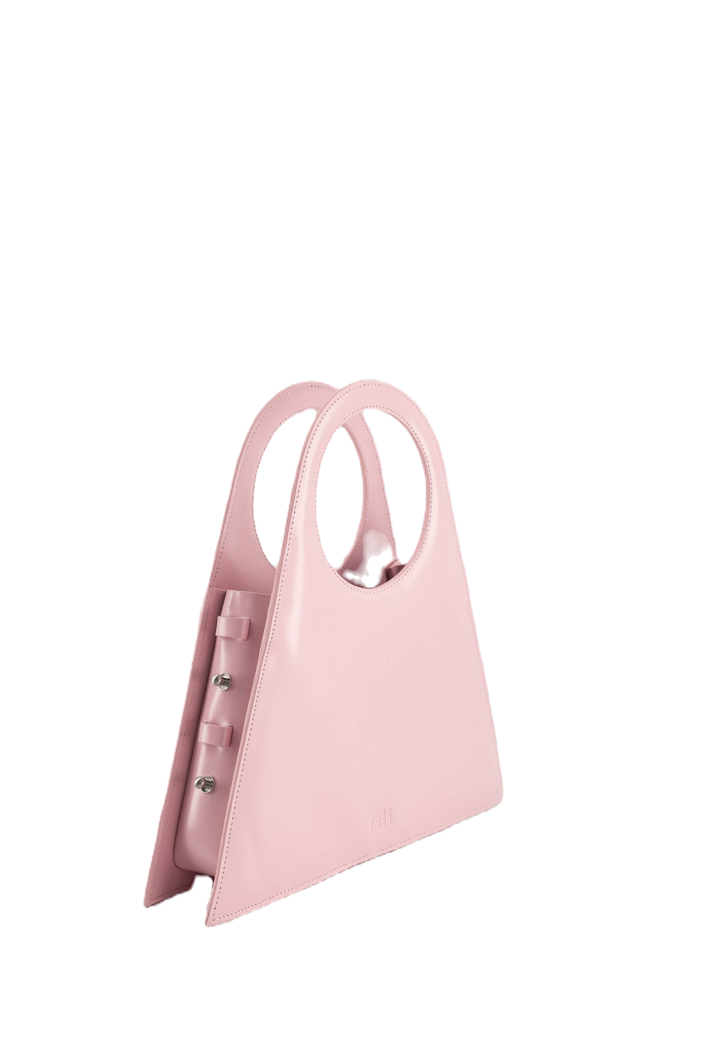 Tobkal Bag in Blush Pink, angled view showing the side gusset and stud fastenings, ISLI Studio