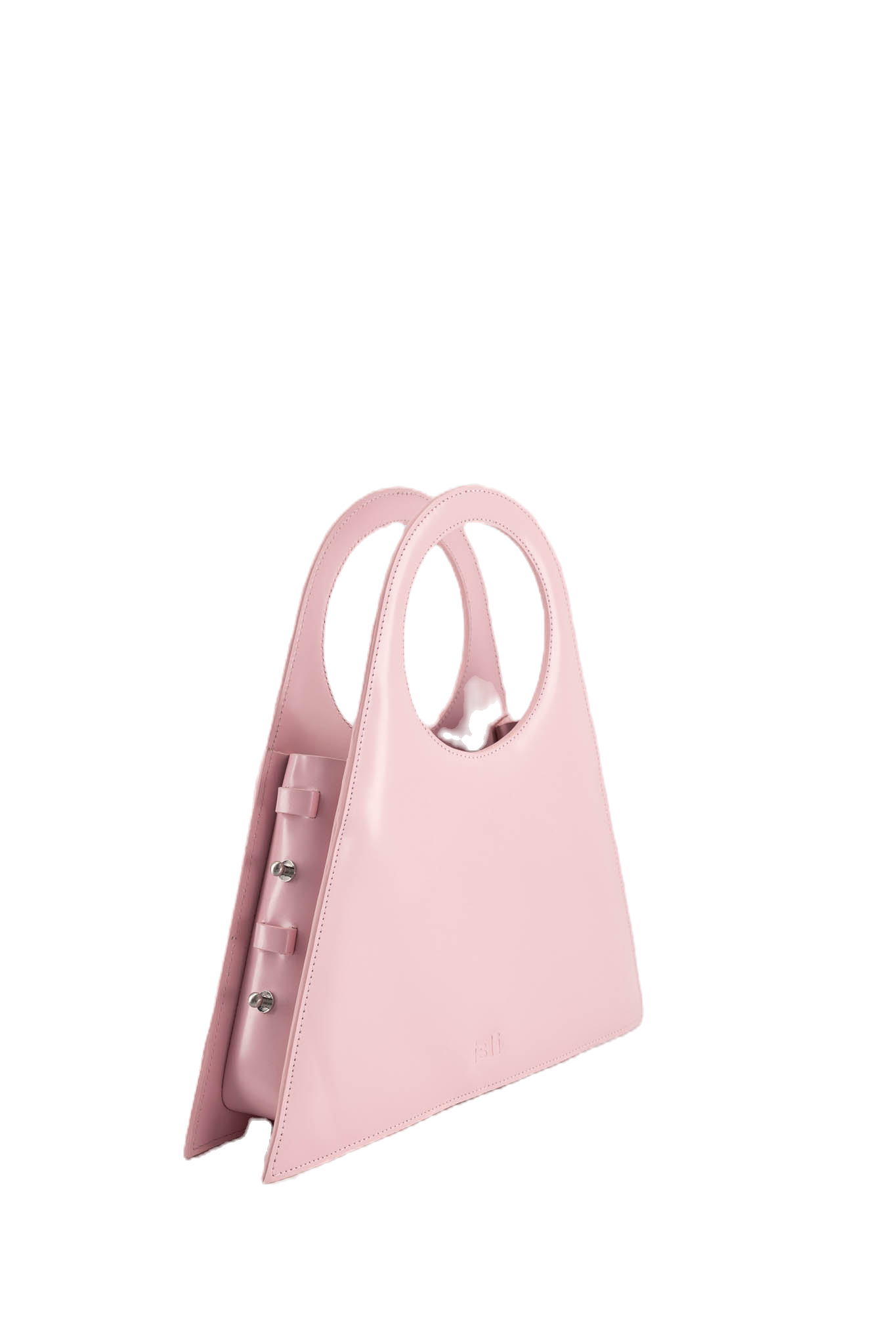 Tobkal Bag in Blush Pink, angled view showing the side gusset and stud fastenings, ISLI Studio