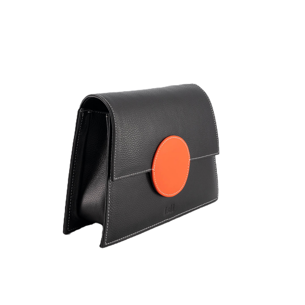 Golden Sunset compact black leather bag with warm orange detail, ISLI Studio