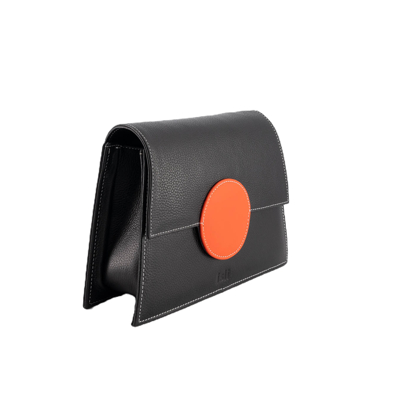 Golden Sunset compact black leather bag with warm orange detail, ISLI Studio